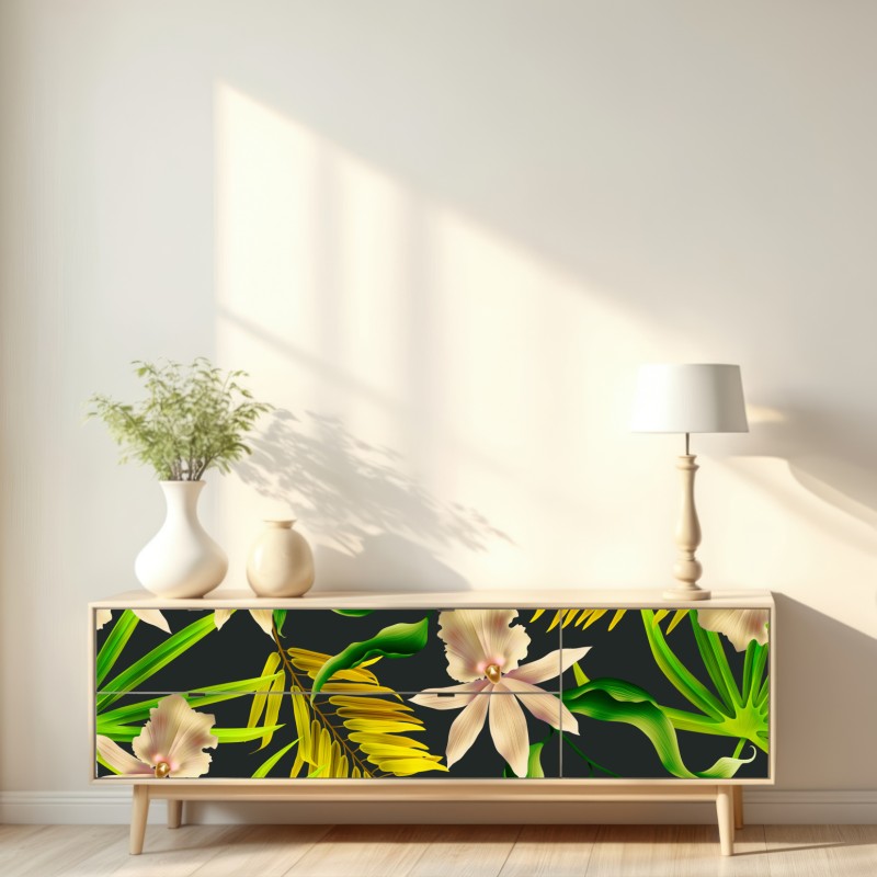 Naklejka repozycjonowalna tropikalny wzór storczyków na ciemnym tle – Wallissimo® Naklejka repozycjonowalna tropikalny wzór storczyków na ciemnym tle – Wallissimo®