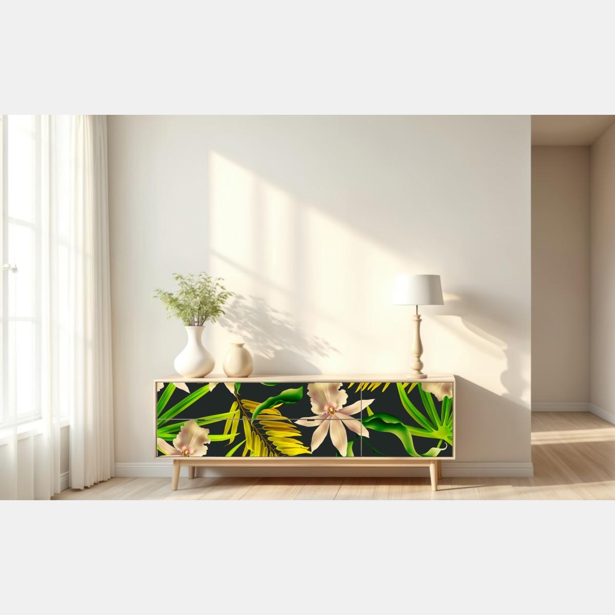 Naklejka repozycjonowalna tropikalny wzór storczyków na ciemnym tle – Wallissimo® Naklejka repozycjonowalna tropikalny wzór storczyków na ciemnym tle – Wallissimo®