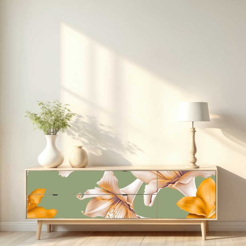 Naklejka repozycjonowalna złote lilie wzór botaniczny – Wallissimo® Naklejka repozycjonowalna złote lilie wzór botaniczny – Wallissimo®