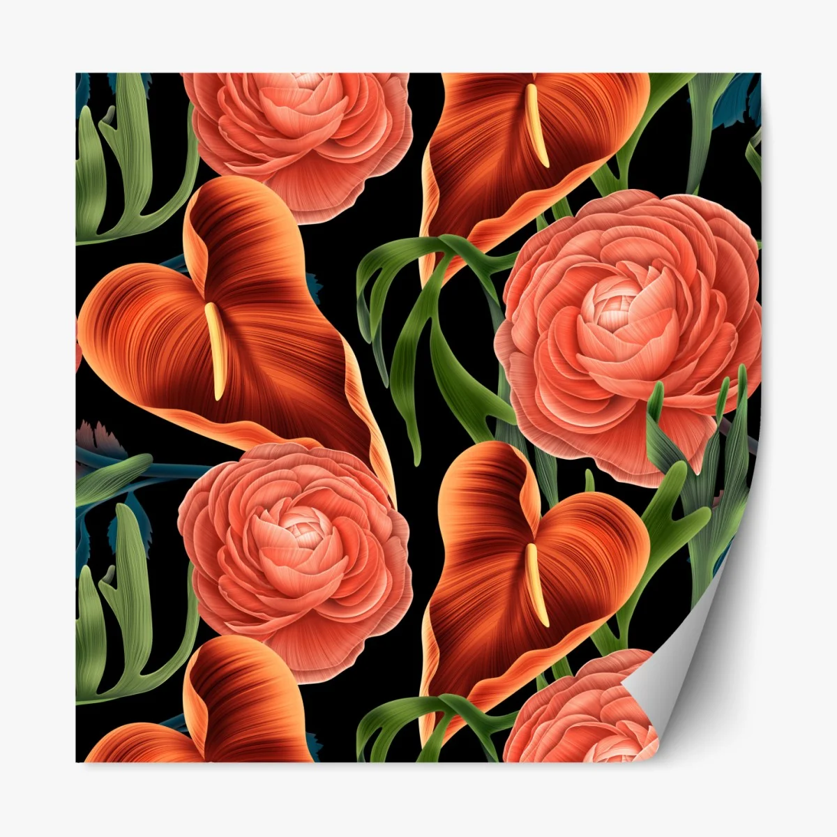 Naklejka repozycjonowalna intensywny koralowy wzór kwiatowy na czarnym tle – Wallissimo® Naklejka repozycjonowalna intensywny koralowy wzór kwiatowy na czarnym tle – Wallissimo®