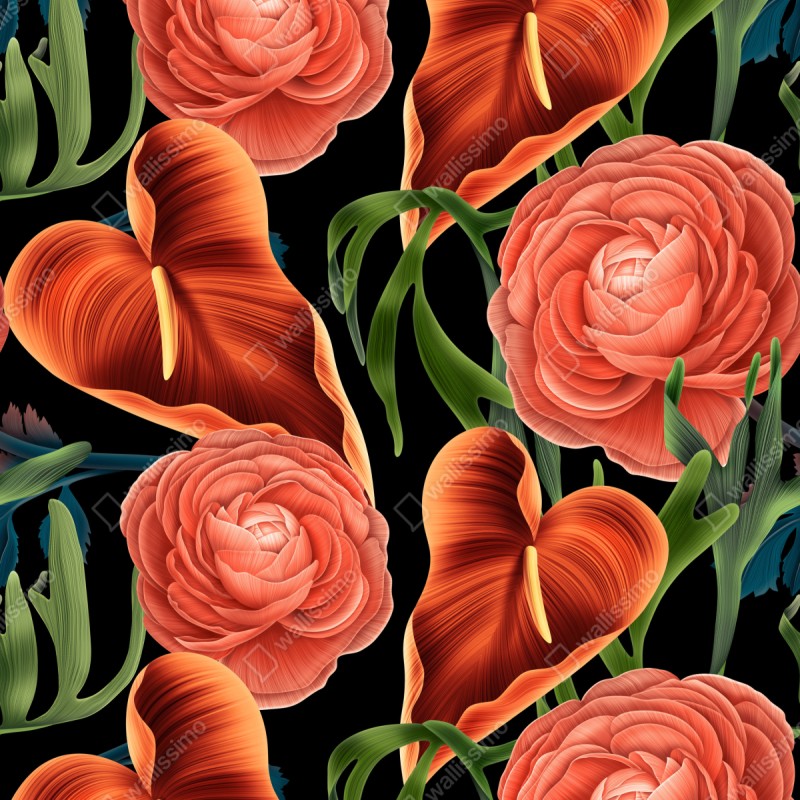 Naklejka repozycjonowalna intensywny koralowy wzór kwiatowy na czarnym tle – Wallissimo® Naklejka repozycjonowalna intensywny koralowy wzór kwiatowy na czarnym tle – Wallissimo®