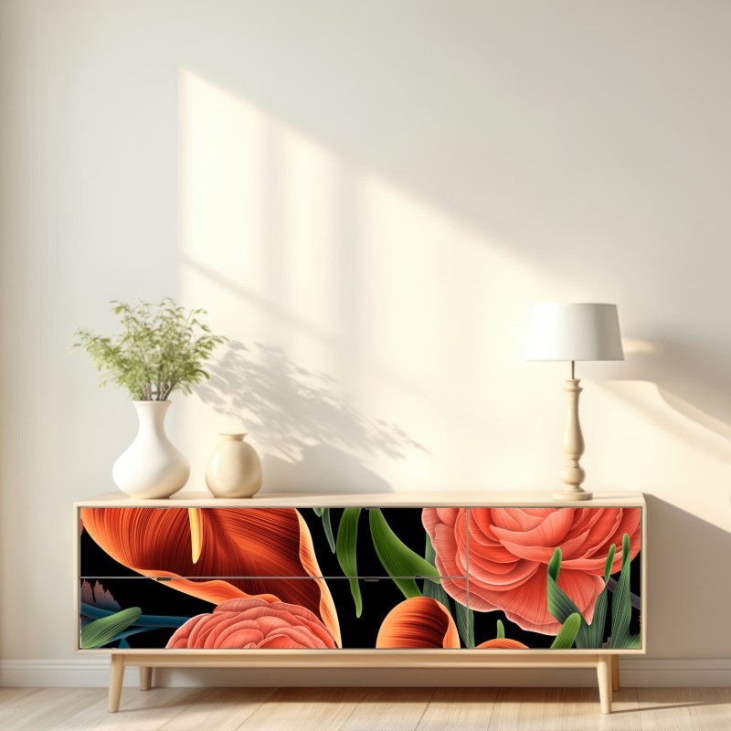 Naklejka repozycjonowalna intensywny koralowy wzór kwiatowy na czarnym tle – Wallissimo® Naklejka repozycjonowalna intensywny koralowy wzór kwiatowy na czarnym tle – Wallissimo®