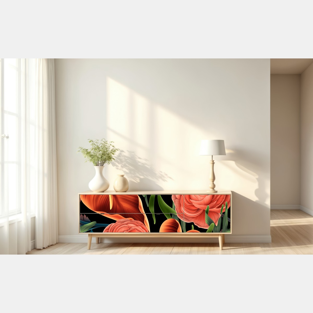 Naklejka repozycjonowalna intensywny koralowy wzór kwiatowy na czarnym tle – Wallissimo® Naklejka repozycjonowalna intensywny koralowy wzór kwiatowy na czarnym tle – Wallissimo®