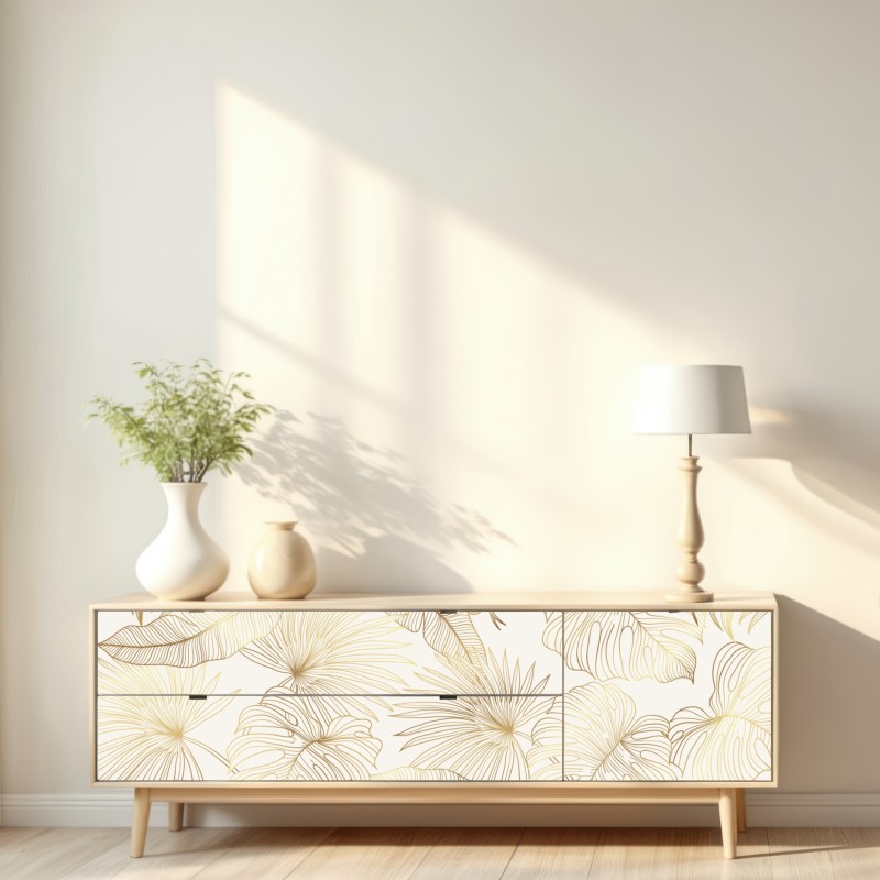 Naklejka repozycjonowalna złote tropikalne liście na beżowym tle – Wallissimo® Naklejka repozycjonowalna złote tropikalne liście na beżowym tle – Wallissimo®
