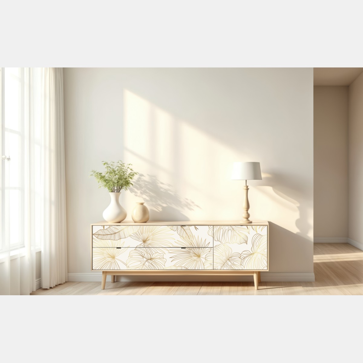 Naklejka repozycjonowalna złote tropikalne liście na beżowym tle – Wallissimo® Naklejka repozycjonowalna złote tropikalne liście na beżowym tle – Wallissimo®