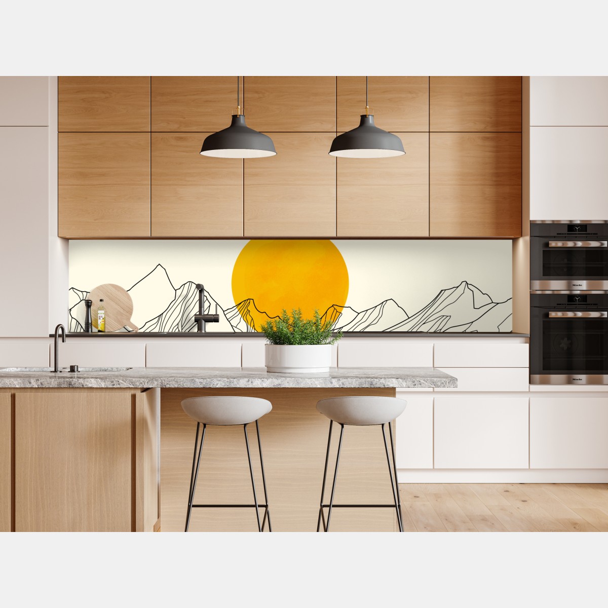 Naklejka repozycjonowalna złote słońce nad minimalistycznymi górami – Wallissimo® Naklejka repozycjonowalna złote słońce nad minimalistycznymi górami – Wallissimo®