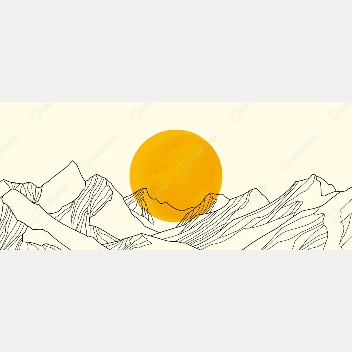 Naklejka repozycjonowalna złote słońce nad minimalistycznymi górami – Wallissimo® Naklejka repozycjonowalna złote słońce nad minimalistycznymi górami – Wallissimo®
