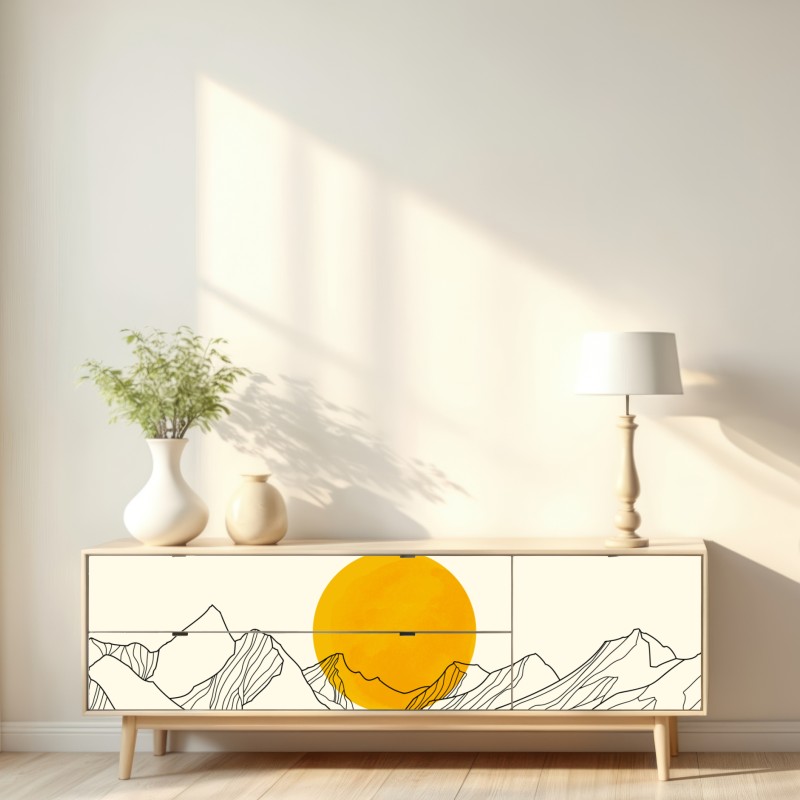 Naklejka repozycjonowalna złote słońce nad minimalistycznymi górami – Wallissimo® Naklejka repozycjonowalna złote słońce nad minimalistycznymi górami – Wallissimo®
