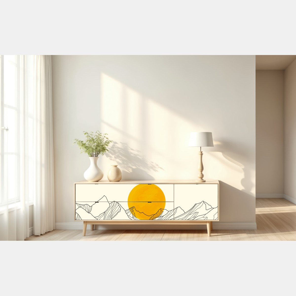 Naklejka repozycjonowalna złote słońce nad minimalistycznymi górami – Wallissimo® Naklejka repozycjonowalna złote słońce nad minimalistycznymi górami – Wallissimo®