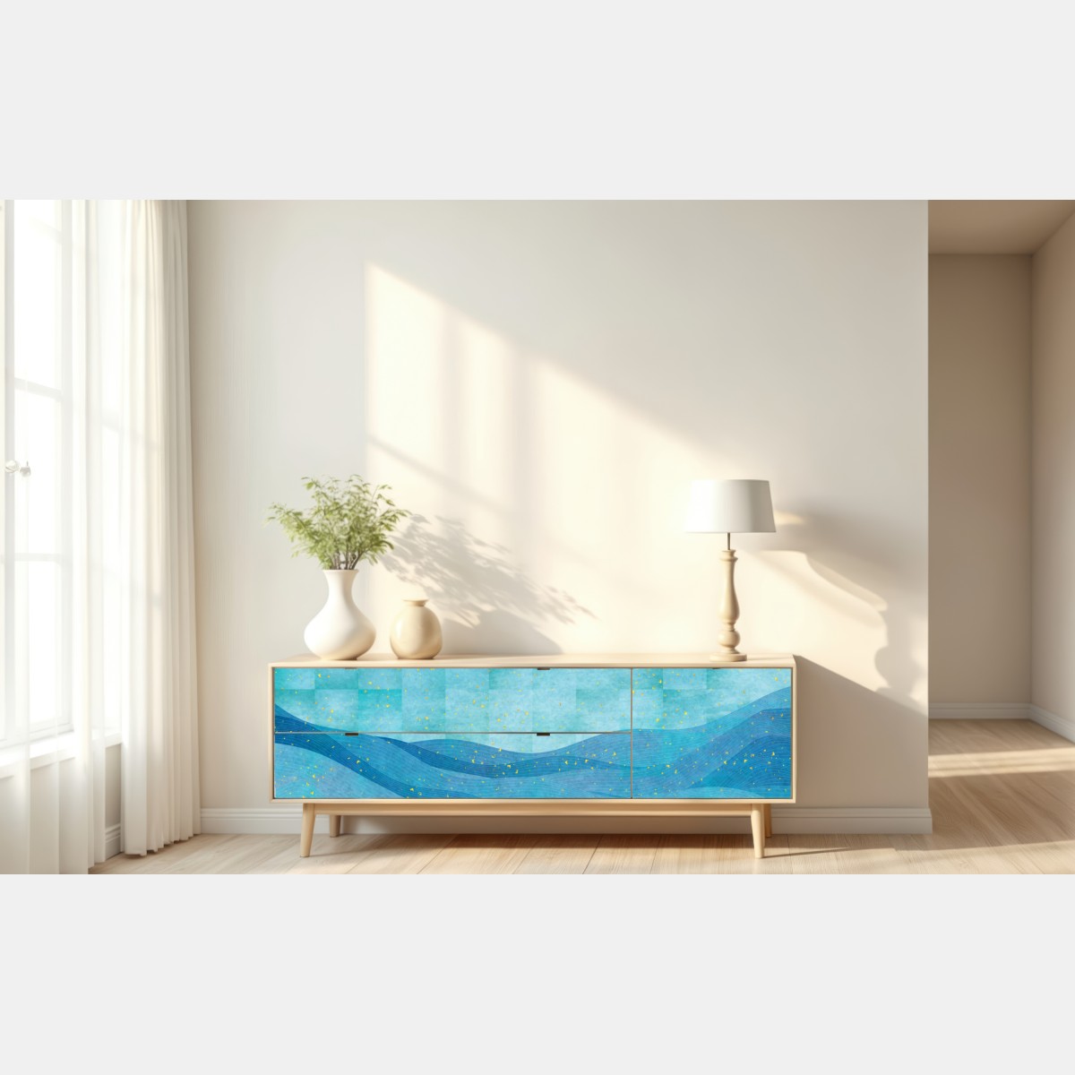 Naklejka repozycjonowalna turkusowe fale abstrakcyjna kompozycja – Wallissimo® Naklejka repozycjonowalna turkusowe fale abstrakcyjna kompozycja – Wallissimo®