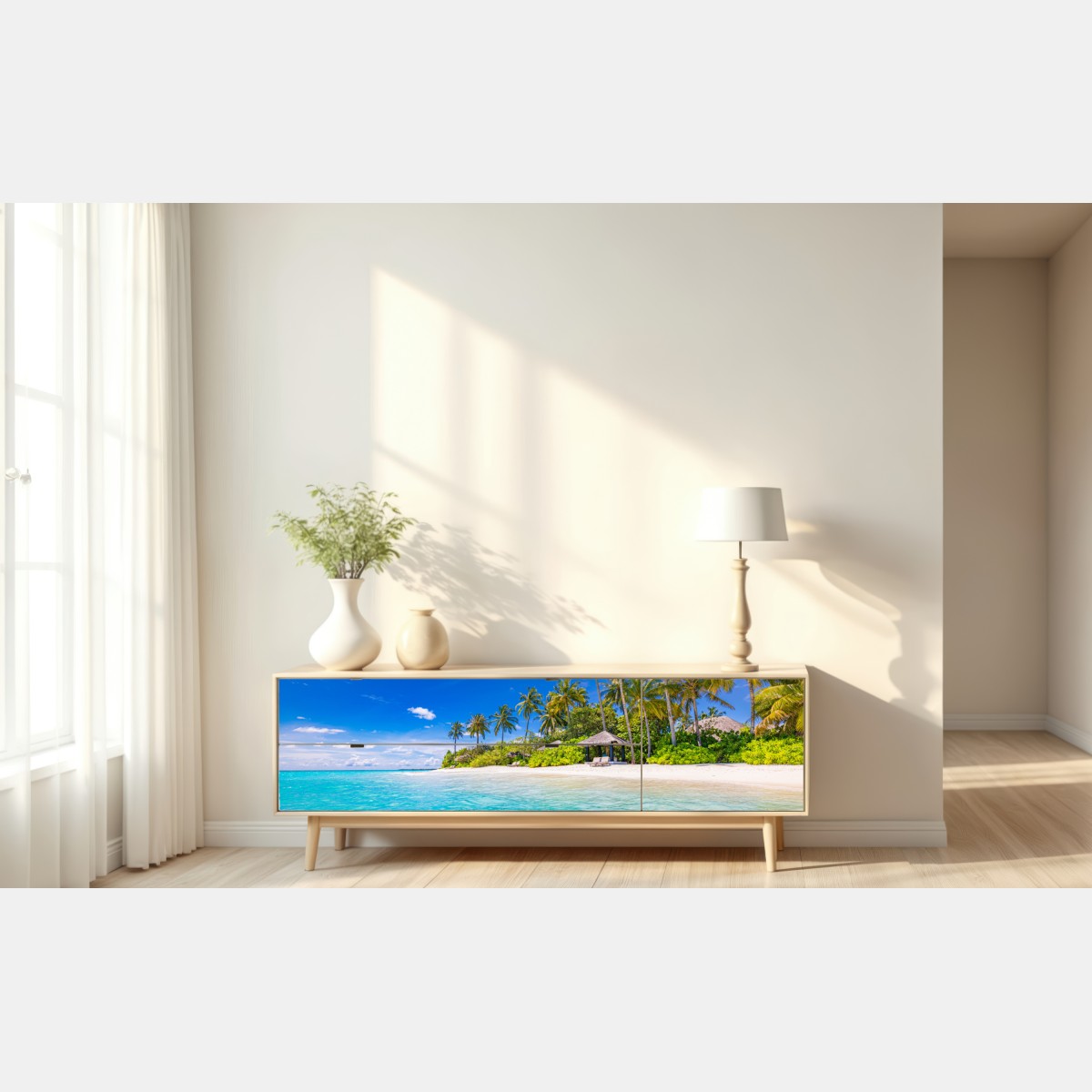 Naklejka repozycjonowalna tropikalna turkusowa plaża – Wallissimo® Naklejka repozycjonowalna tropikalna turkusowa plaża – Wallissimo®