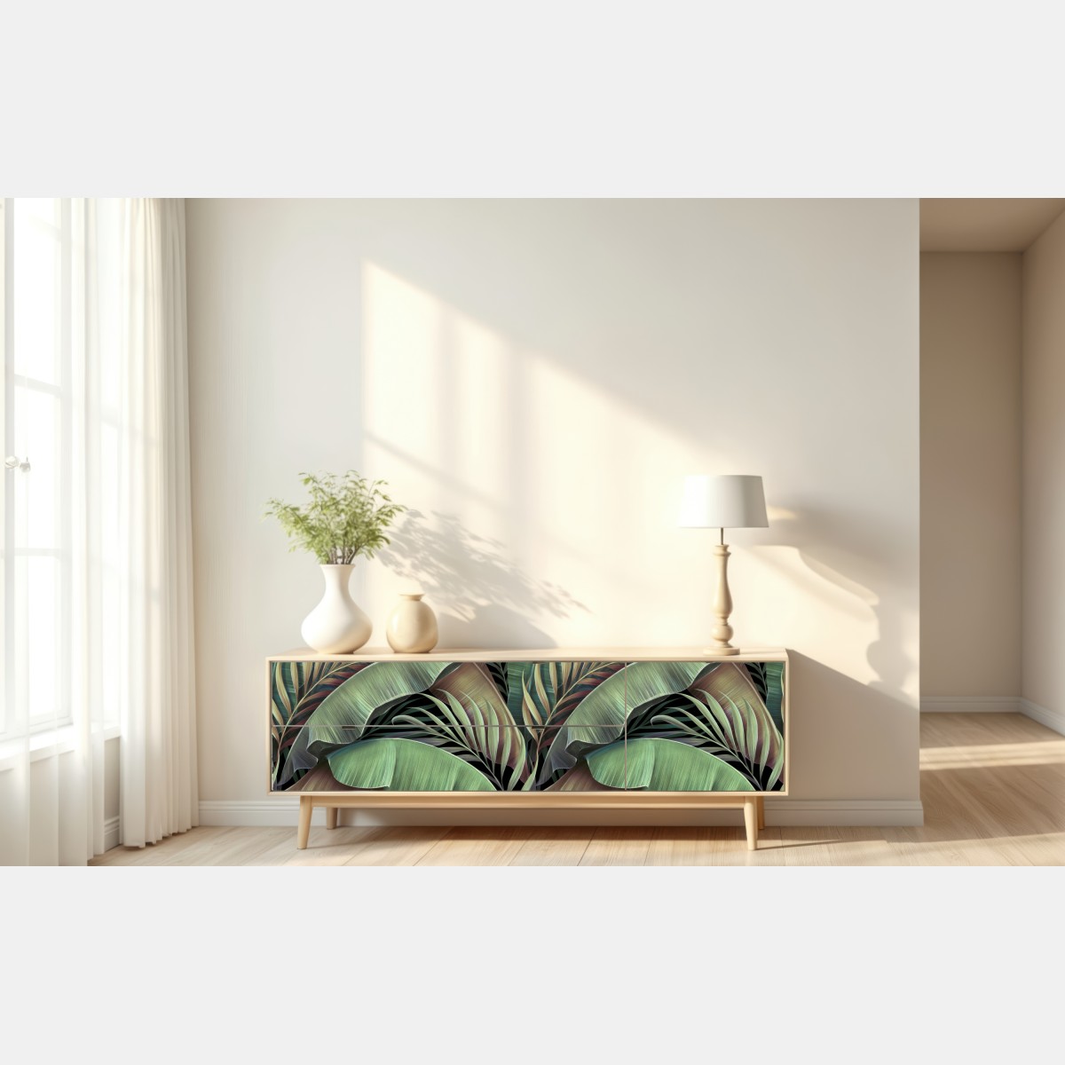 Naklejka repozycjonowalna wzór tropikalnych liści – Wallissimo® Naklejka repozycjonowalna wzór tropikalnych liści – Wallissimo®