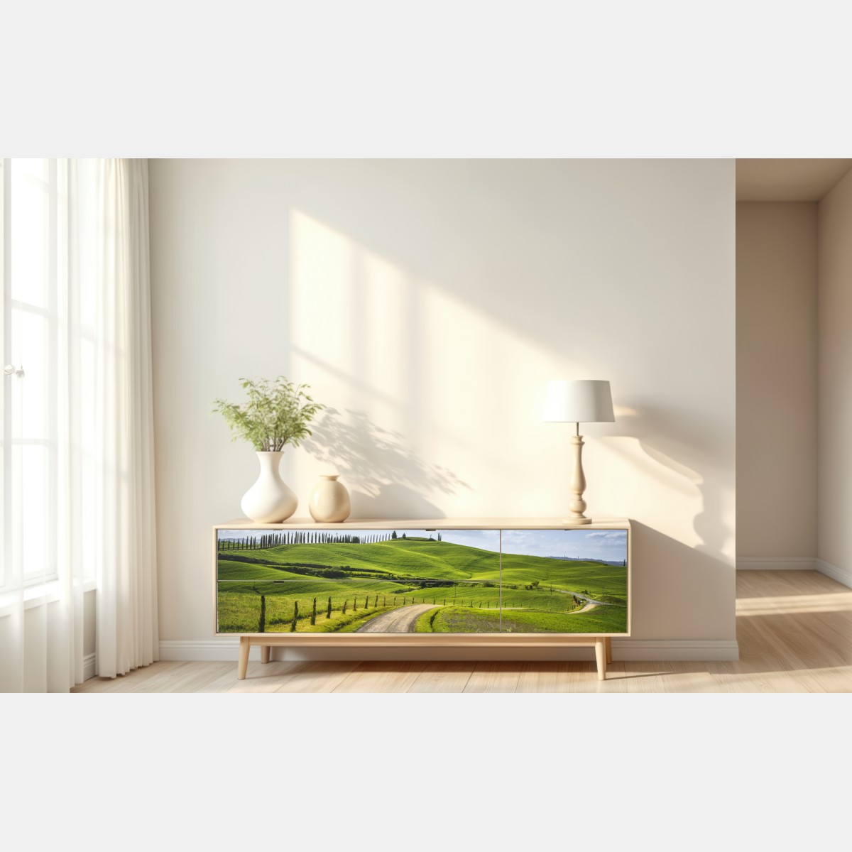 Naklejka repozycjonowalna wiejska droga w Toskanii przez zielone wzgórza – Wallissimo® Naklejka repozycjonowalna wiejska droga w Toskanii przez zielone wzgórza – Wallissimo®