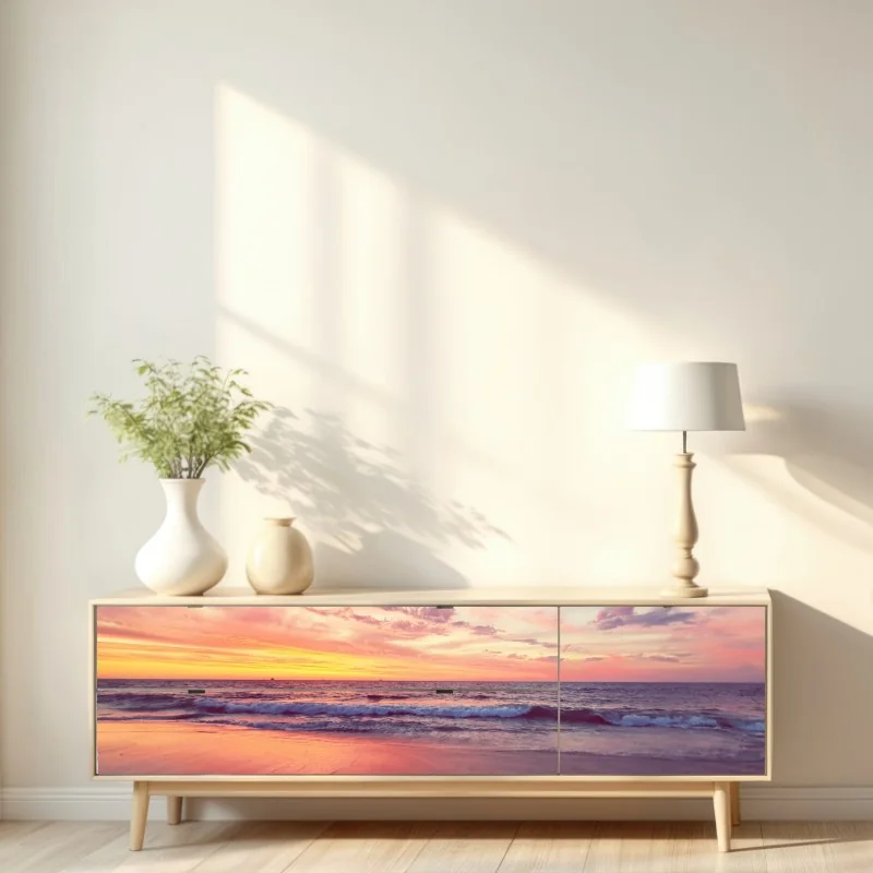 Naklejka repozycjonowalna pastelowy zachód słońca nad spokojnym morzem – Wallissimo® Naklejka repozycjonowalna pastelowy zachód słońca nad spokojnym morzem – Wallissimo®