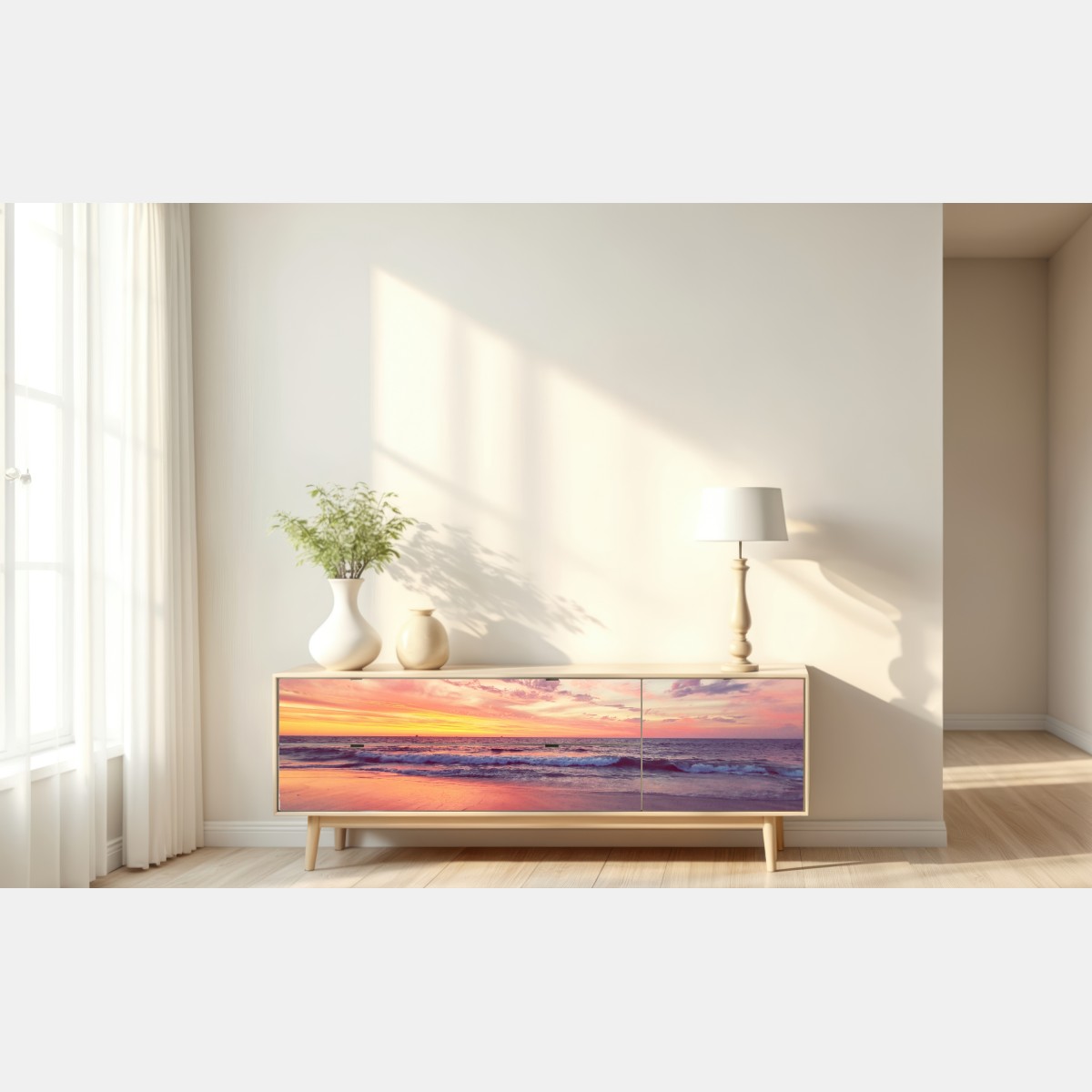 Naklejka repozycjonowalna pastelowy zachód słońca nad spokojnym morzem – Wallissimo® Naklejka repozycjonowalna pastelowy zachód słońca nad spokojnym morzem – Wallissimo®