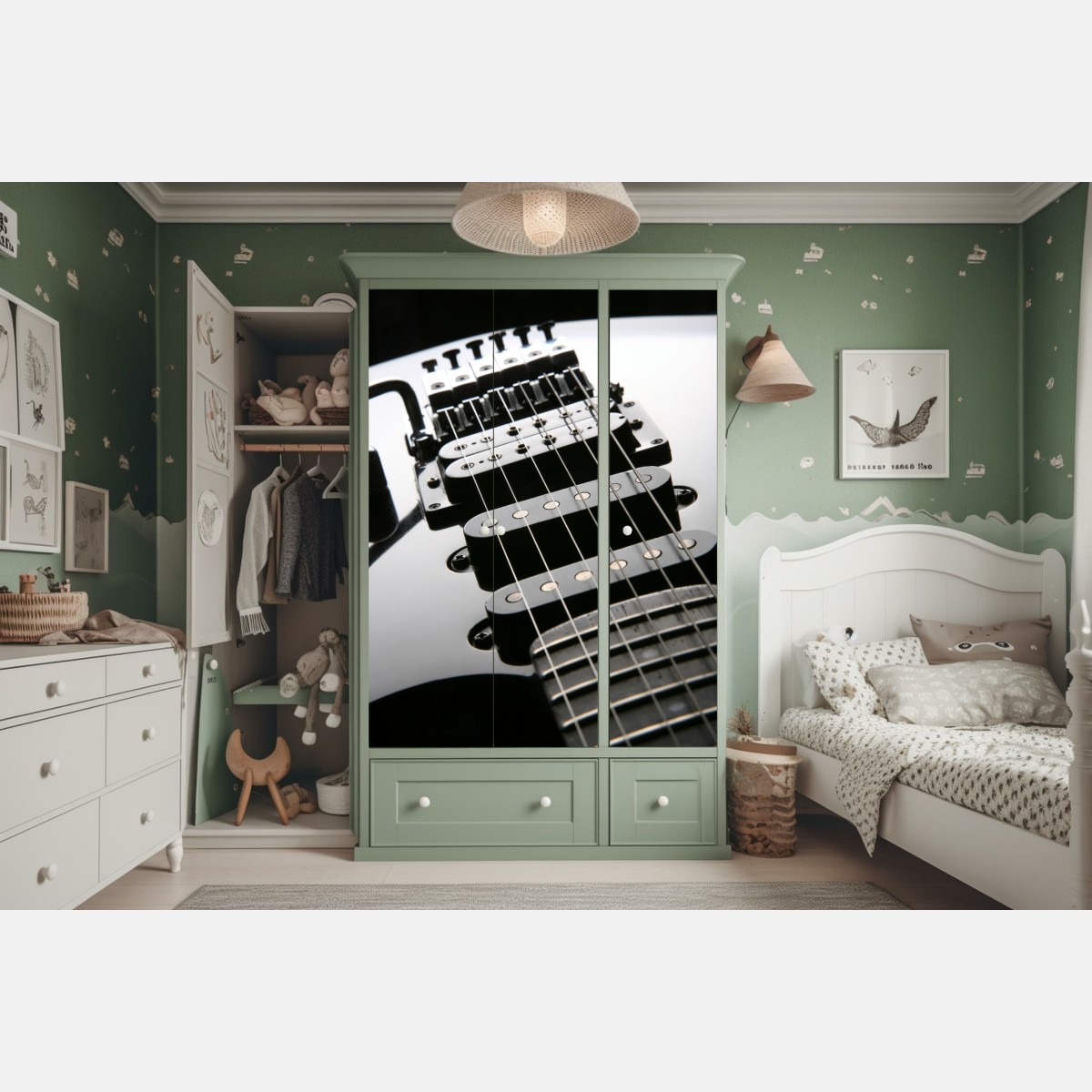 Naklejka na szafę zbliżenie czarnej gitary elektrycznej – Wallissimo® Naklejka na szafę zbliżenie czarnej gitary elektrycznej – Wallissimo®