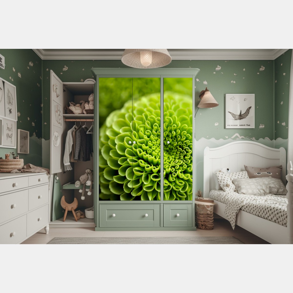 Naklejka na szafę intensywna zielona spirala kwiatowa – Wallissimo® Naklejka na szafę intensywna zielona spirala kwiatowa – Wallissimo®