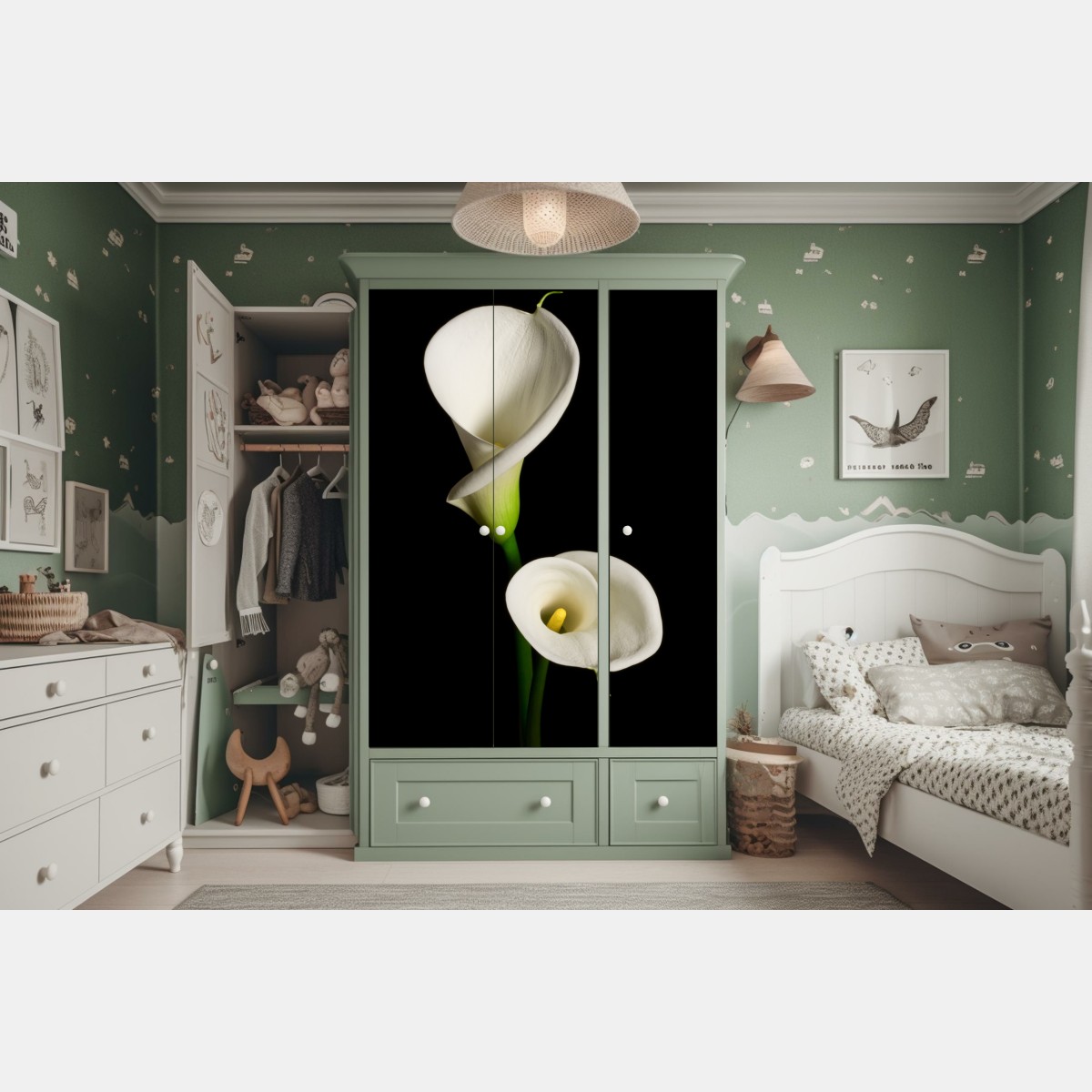 Naklejka na szafę białe kalie na czarnym tle – Wallissimo® Naklejka na szafę białe kalie na czarnym tle – Wallissimo®