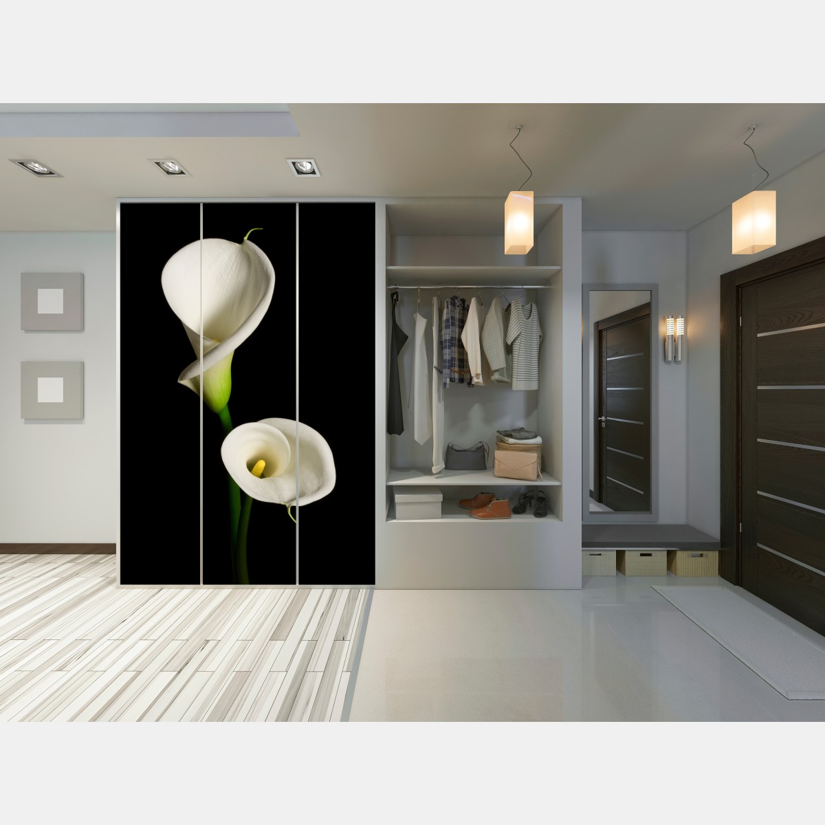 Naklejka na szafę białe kalie na czarnym tle – Wallissimo® Naklejka na szafę białe kalie na czarnym tle – Wallissimo®