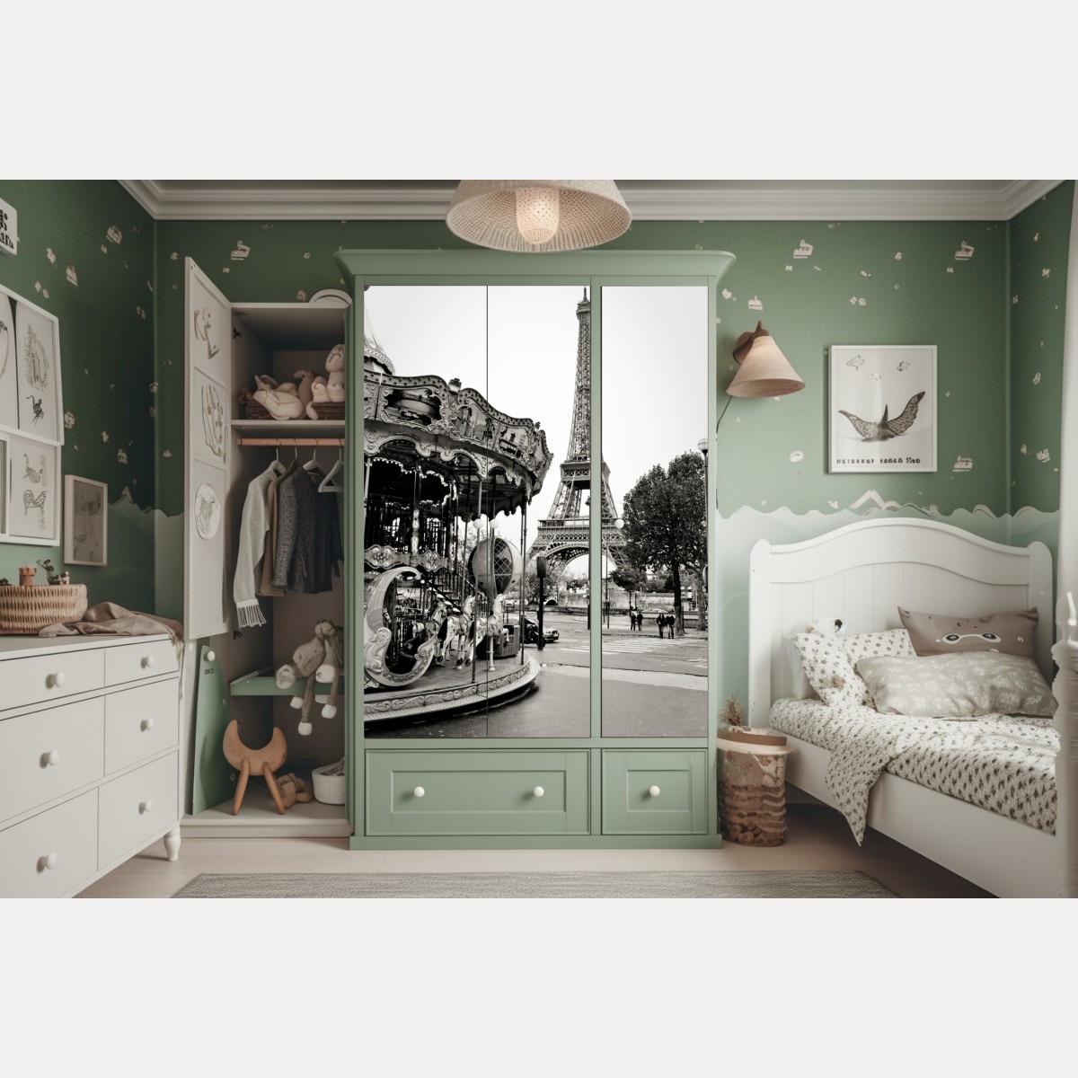 Naklejka na szafę wieża Eiffla i karuzela w Paryżu – Wallissimo® Naklejka na szafę wieża Eiffla i karuzela w Paryżu – Wallissimo®