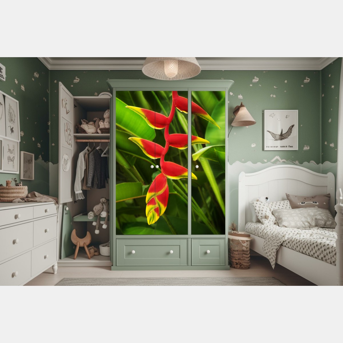 Naklejka na szafę wibrująca heliconia w tropikalnym listowiu – Wallissimo® Naklejka na szafę wibrująca heliconia w tropikalnym listowiu – Wallissimo®