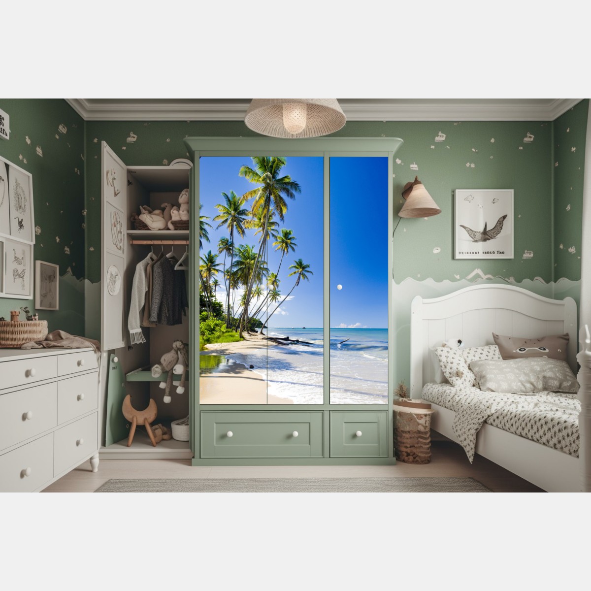 Naklejka na szafę tropikalna plaża z palmami pod błękitnym niebem – Wallissimo® Naklejka na szafę tropikalna plaża z palmami pod błękitnym niebem – Wallissimo®