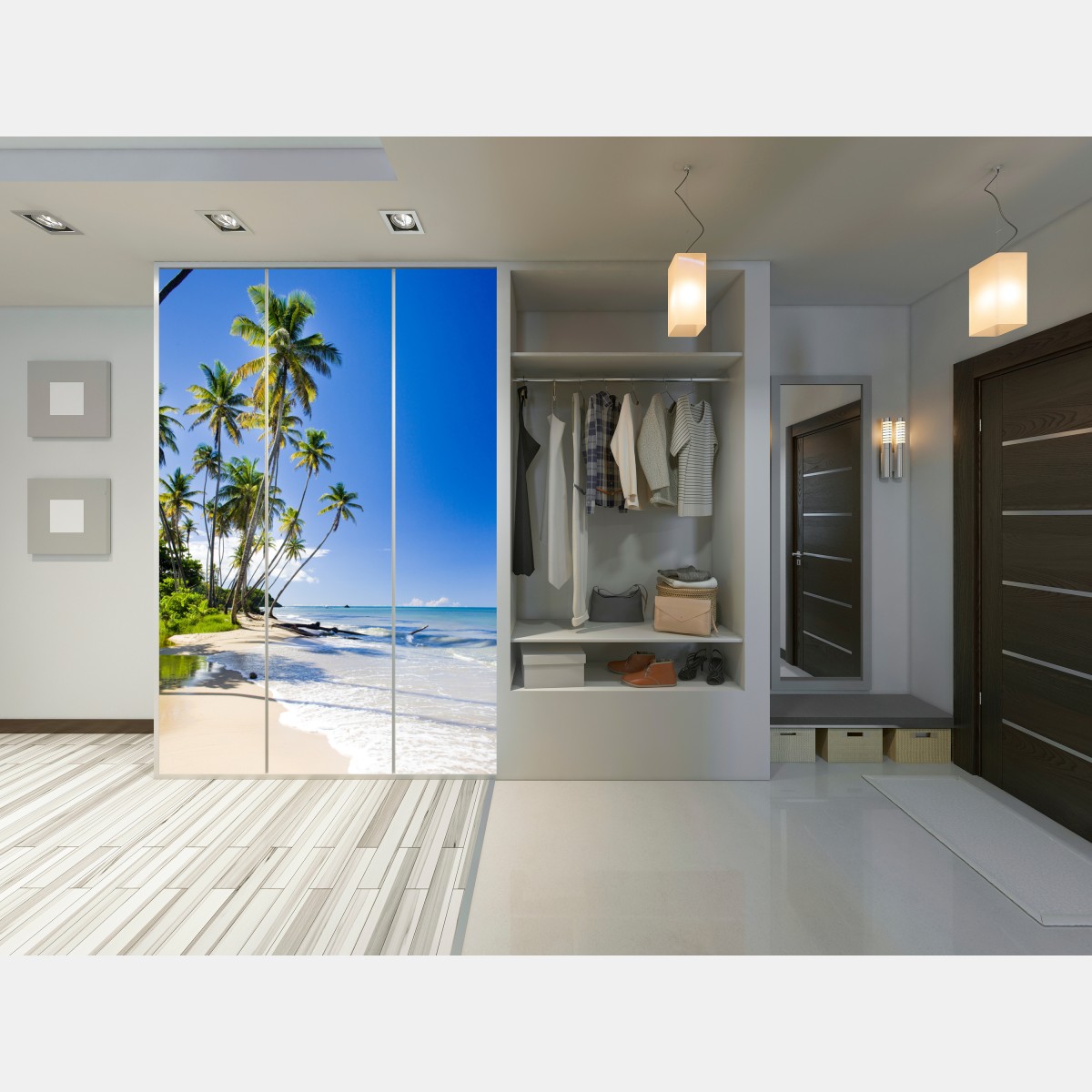 Naklejka na szafę tropikalna plaża z palmami pod błękitnym niebem – Wallissimo® Naklejka na szafę tropikalna plaża z palmami pod błękitnym niebem – Wallissimo®