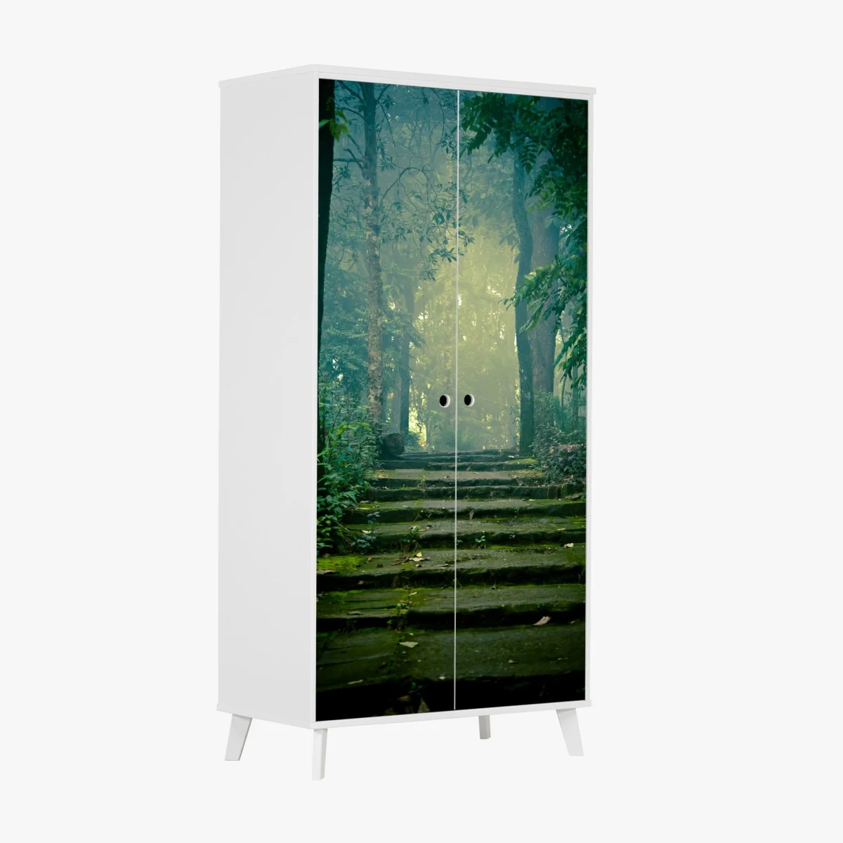 Naklejka na szafę mchowe kamienne schody do mglistego lasu – Wallissimo® Naklejka na szafę mchowe kamienne schody do mglistego lasu – Wallissimo®