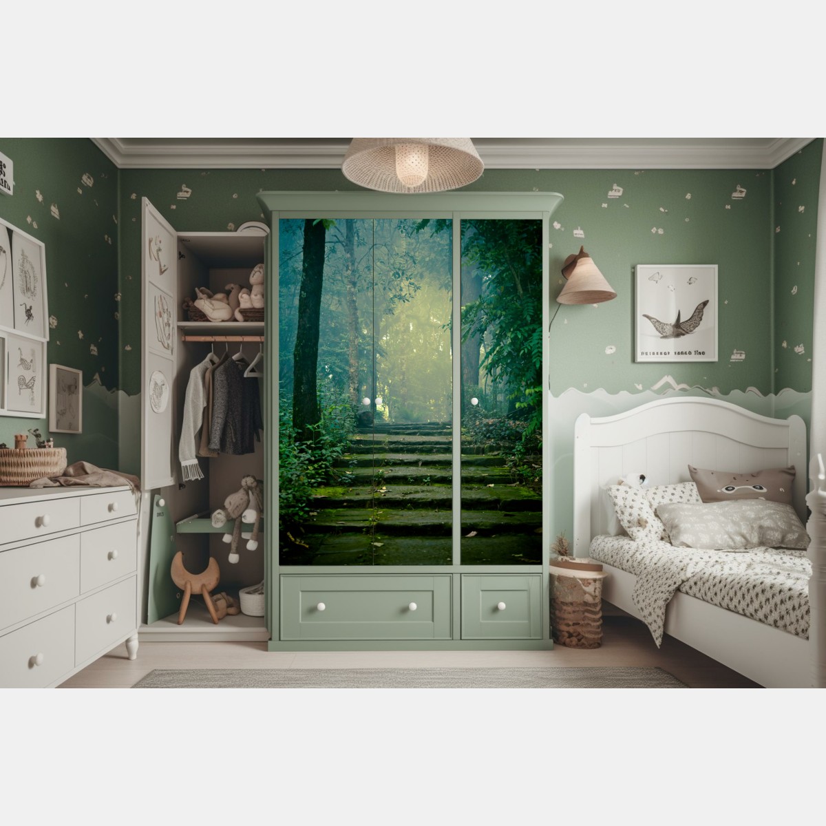 Naklejka na szafę mchowe kamienne schody do mglistego lasu – Wallissimo® Naklejka na szafę mchowe kamienne schody do mglistego lasu – Wallissimo®