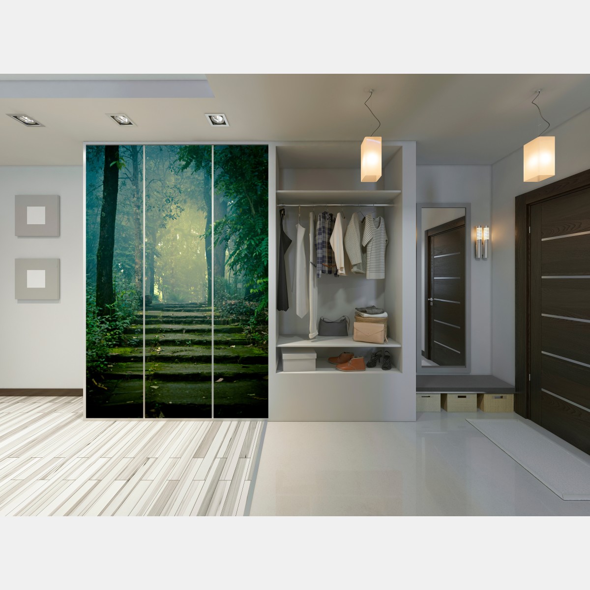 Naklejka na szafę mchowe kamienne schody do mglistego lasu – Wallissimo® Naklejka na szafę mchowe kamienne schody do mglistego lasu – Wallissimo®