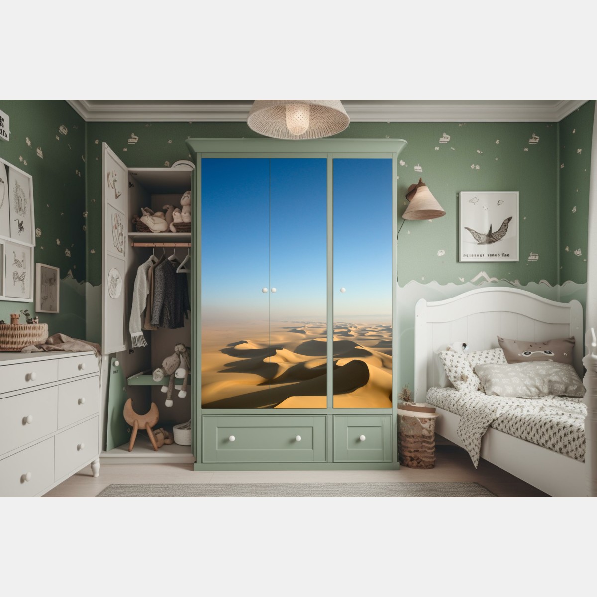 Naklejka na szafę niekończące się wydmy pustyni pod błękitnym niebem – Wallissimo® Naklejka na szafę niekończące się wydmy pustyni pod błękitnym niebem – Wallissimo®