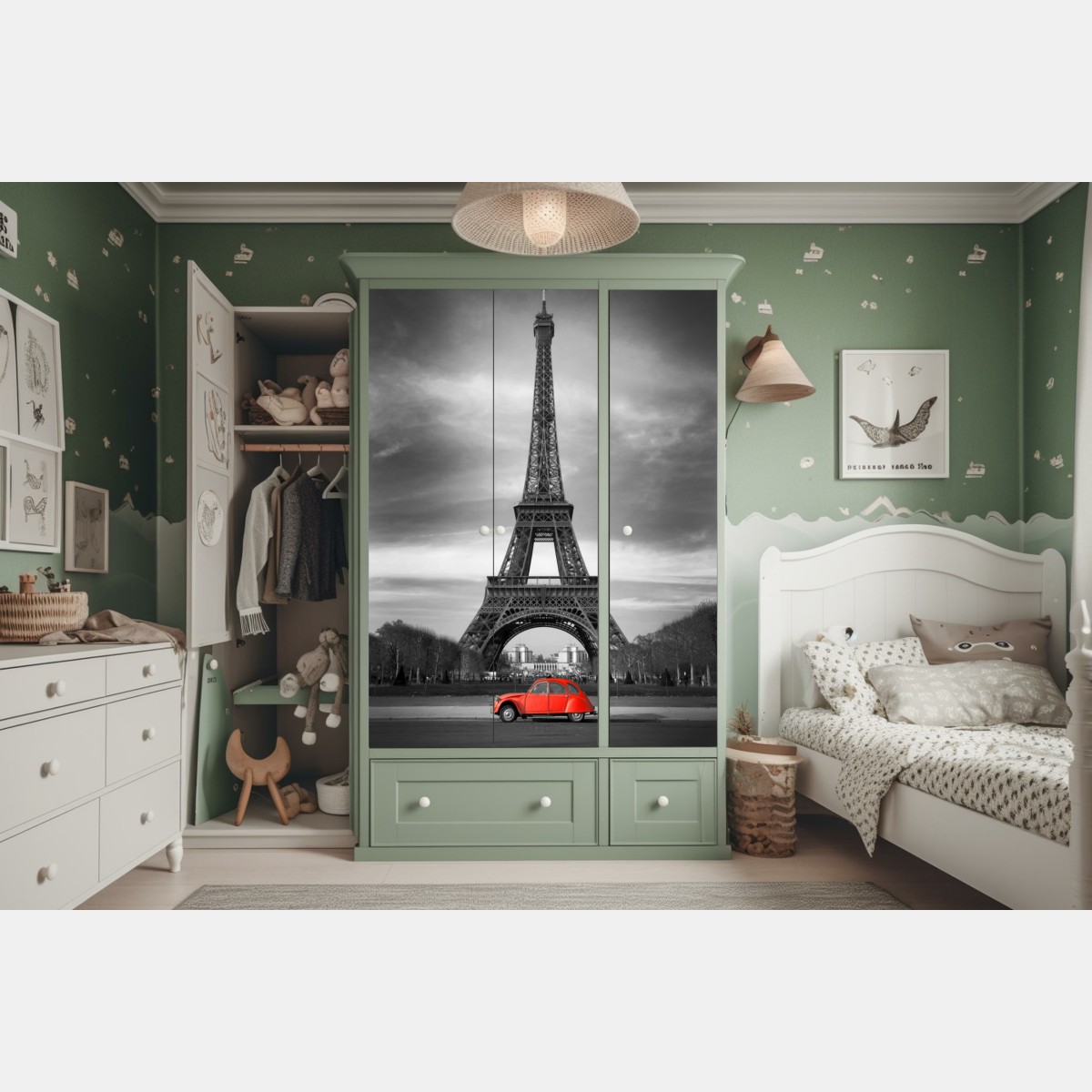 Naklejka na szafę Wieża Eiffla z czerwonym zabytkowym samochodem – Wallissimo® Naklejka na szafę Wieża Eiffla z czerwonym zabytkowym samochodem – Wallissimo®