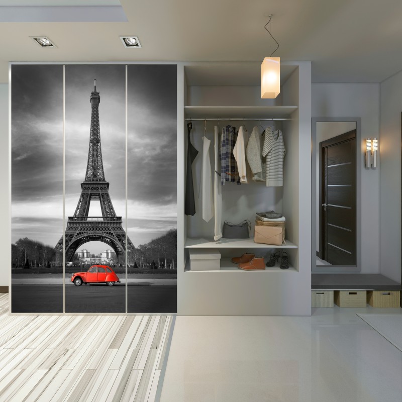 Naklejka na szafę Wieża Eiffla z czerwonym zabytkowym samochodem – Wallissimo® Naklejka na szafę Wieża Eiffla z czerwonym zabytkowym samochodem – Wallissimo®