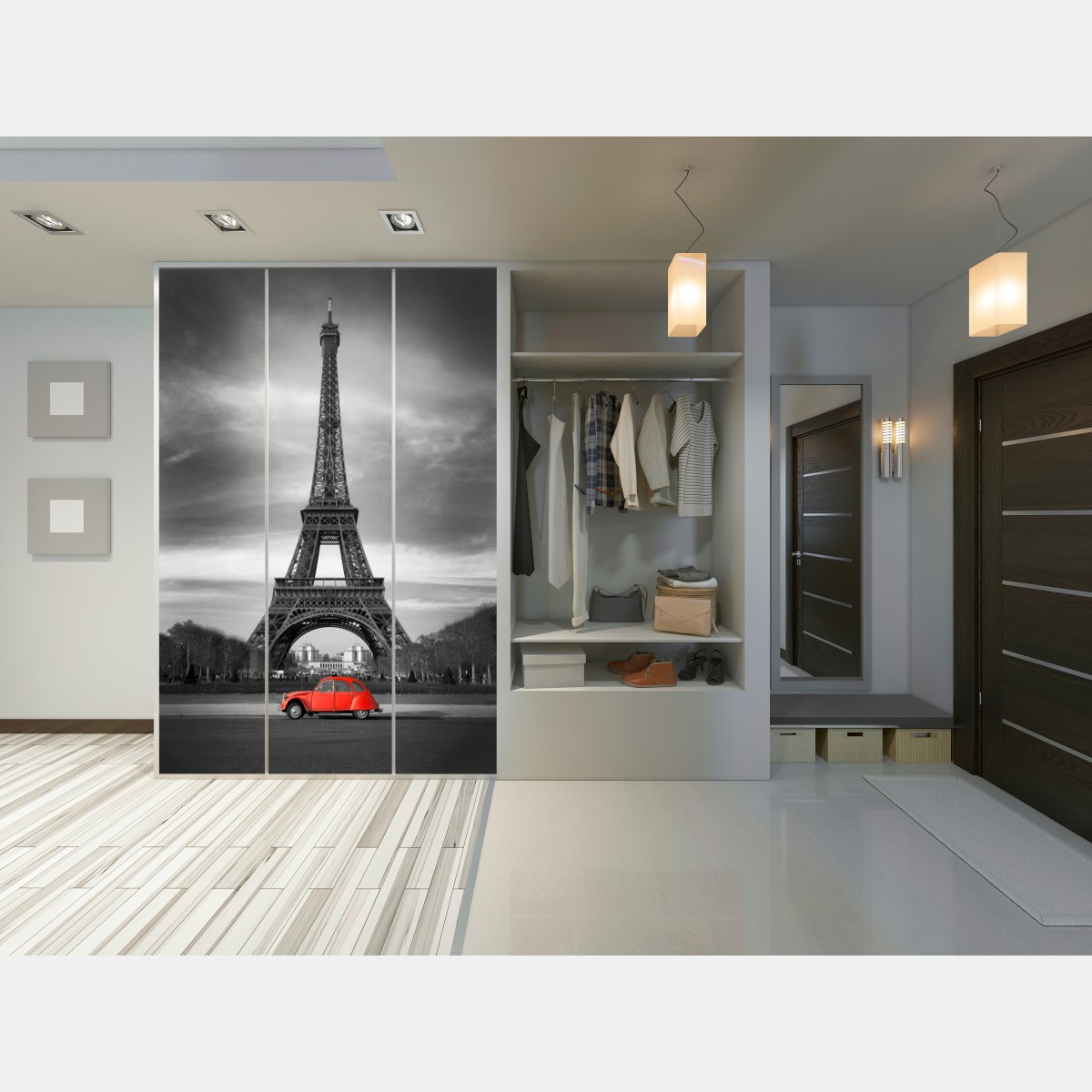 Naklejka na szafę Wieża Eiffla z czerwonym zabytkowym samochodem – Wallissimo® Naklejka na szafę Wieża Eiffla z czerwonym zabytkowym samochodem – Wallissimo®