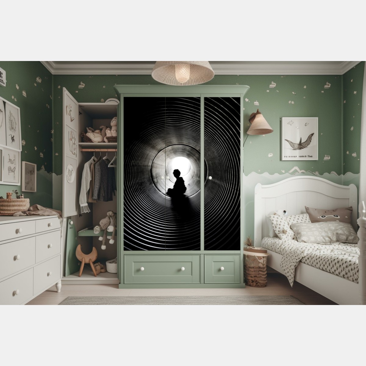 Naklejka na szafę sylwetka w spiralnym tunelu – Wallissimo® Naklejka na szafę sylwetka w spiralnym tunelu – Wallissimo®