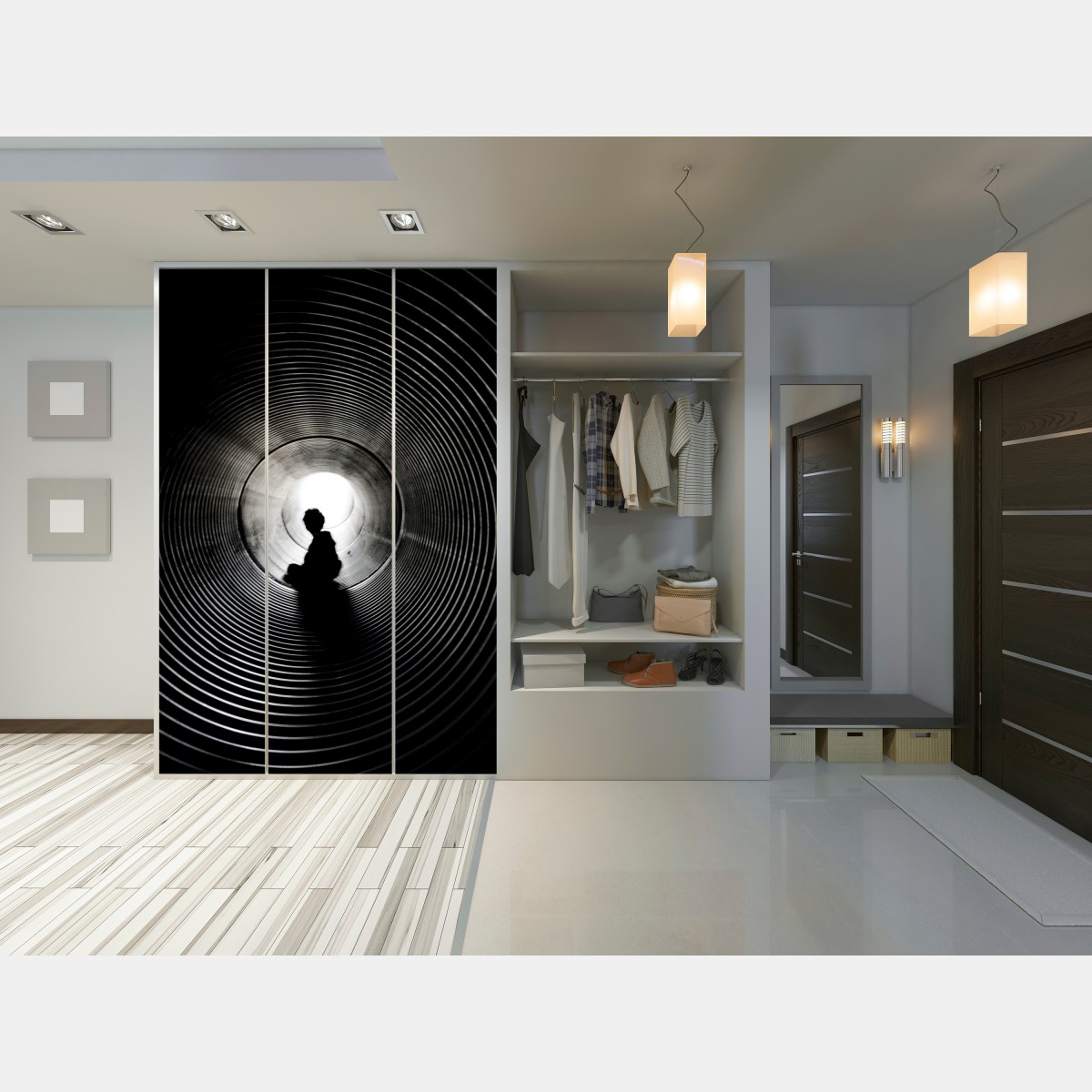 Naklejka na szafę sylwetka w spiralnym tunelu – Wallissimo® Naklejka na szafę sylwetka w spiralnym tunelu – Wallissimo®