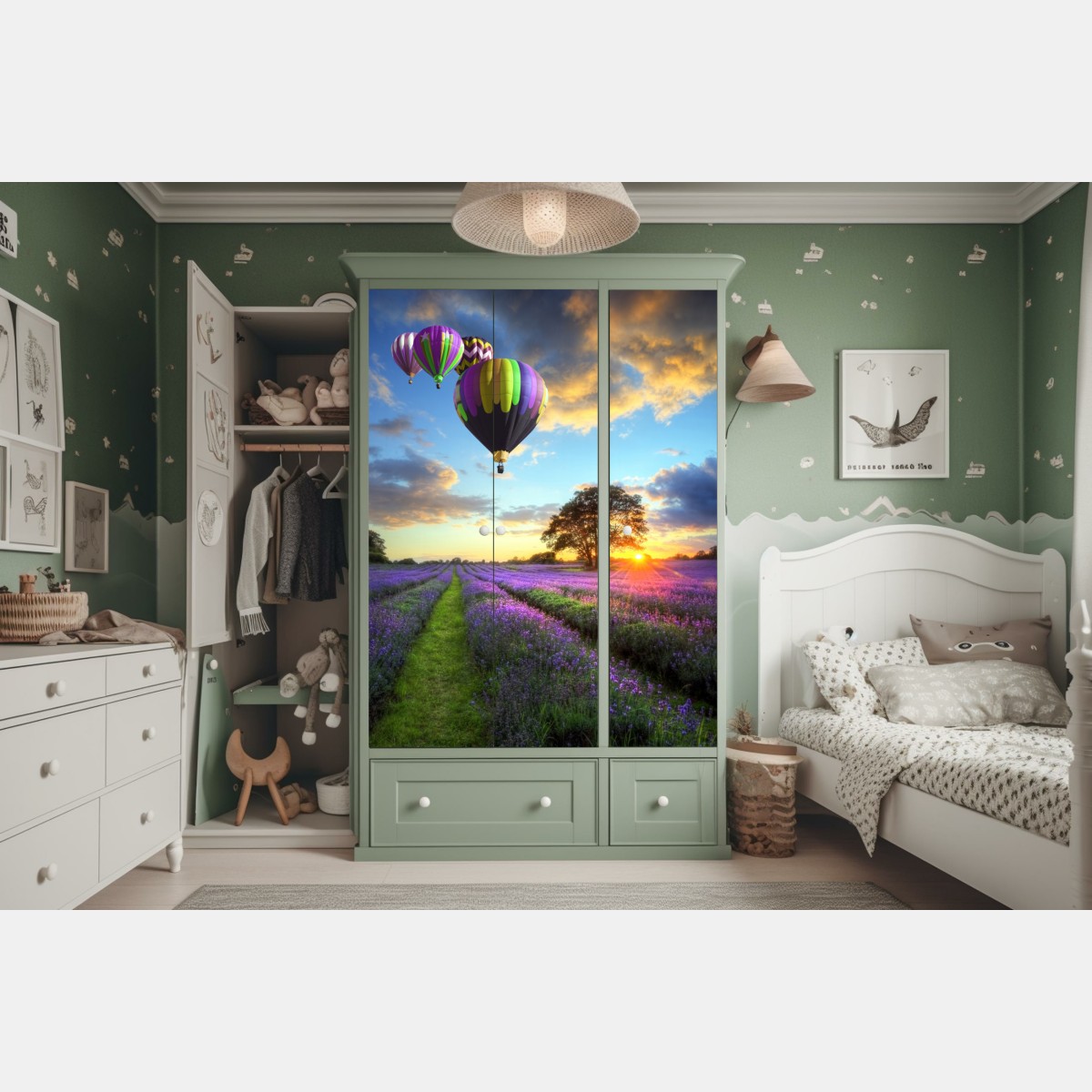 Naklejka na szafę lawendowy zachód słońca z kolorowymi balonami – Wallissimo® Naklejka na szafę lawendowy zachód słońca z kolorowymi balonami – Wallissimo®