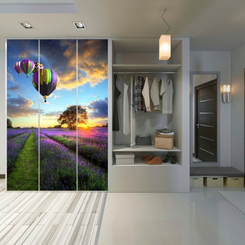 Naklejka na szafę lawendowy zachód słońca z kolorowymi balonami – Wallissimo® Naklejka na szafę lawendowy zachód słońca z kolorowymi balonami – Wallissimo®