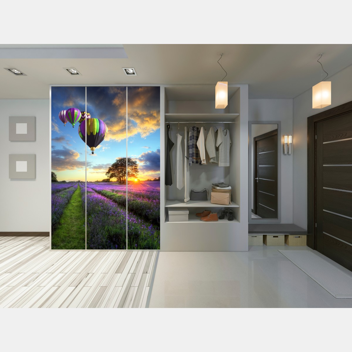 Naklejka na szafę lawendowy zachód słońca z kolorowymi balonami – Wallissimo® Naklejka na szafę lawendowy zachód słońca z kolorowymi balonami – Wallissimo®
