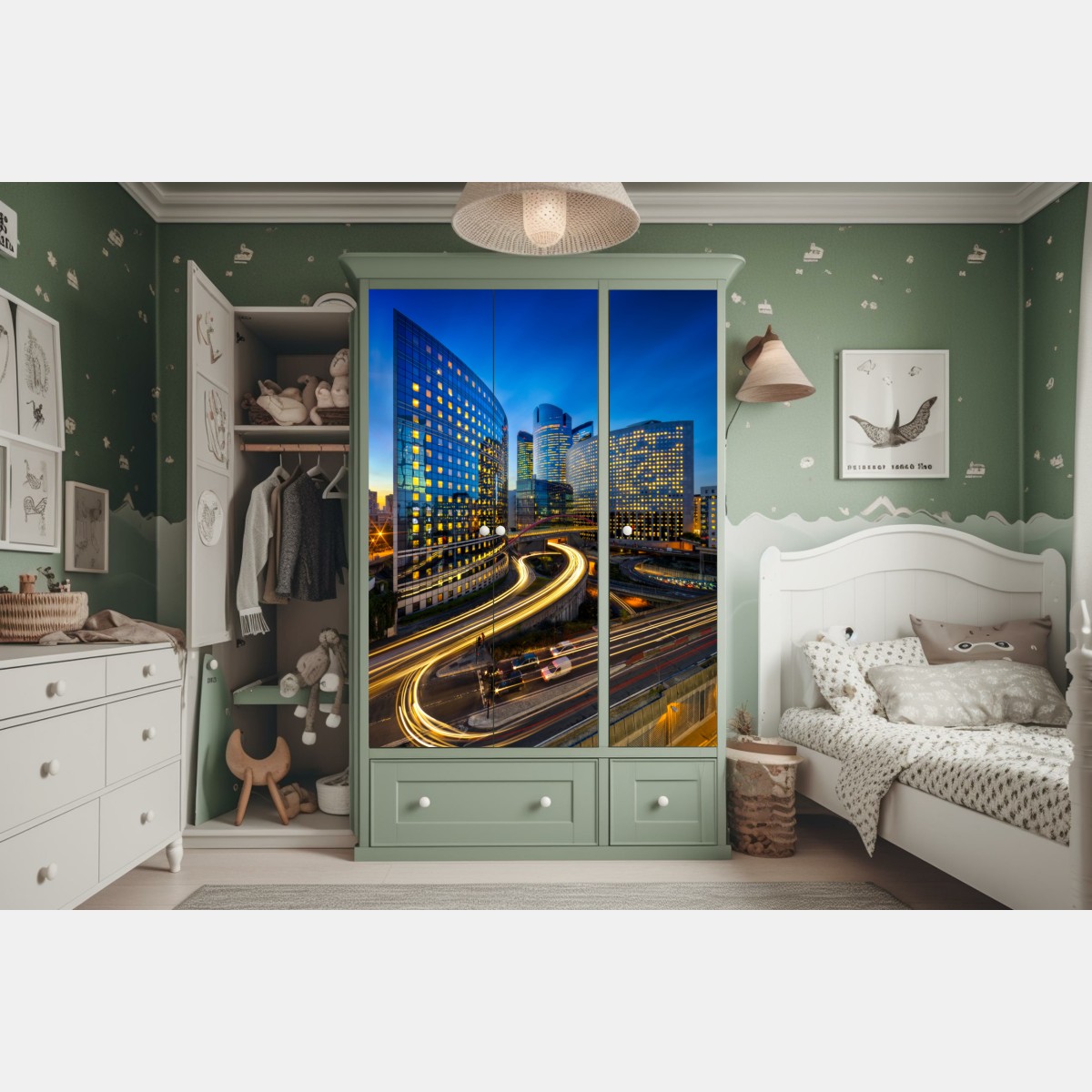 Naklejka na szafę nowoczesna panorama miasta o zmierzchu – Wallissimo® Naklejka na szafę nowoczesna panorama miasta o zmierzchu – Wallissimo®