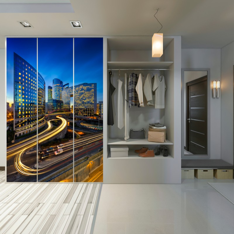 Naklejka na szafę nowoczesna panorama miasta o zmierzchu – Wallissimo® Naklejka na szafę nowoczesna panorama miasta o zmierzchu – Wallissimo®