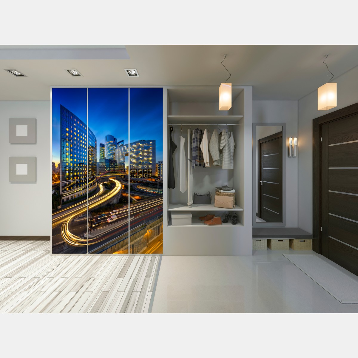 Naklejka na szafę nowoczesna panorama miasta o zmierzchu – Wallissimo® Naklejka na szafę nowoczesna panorama miasta o zmierzchu – Wallissimo®