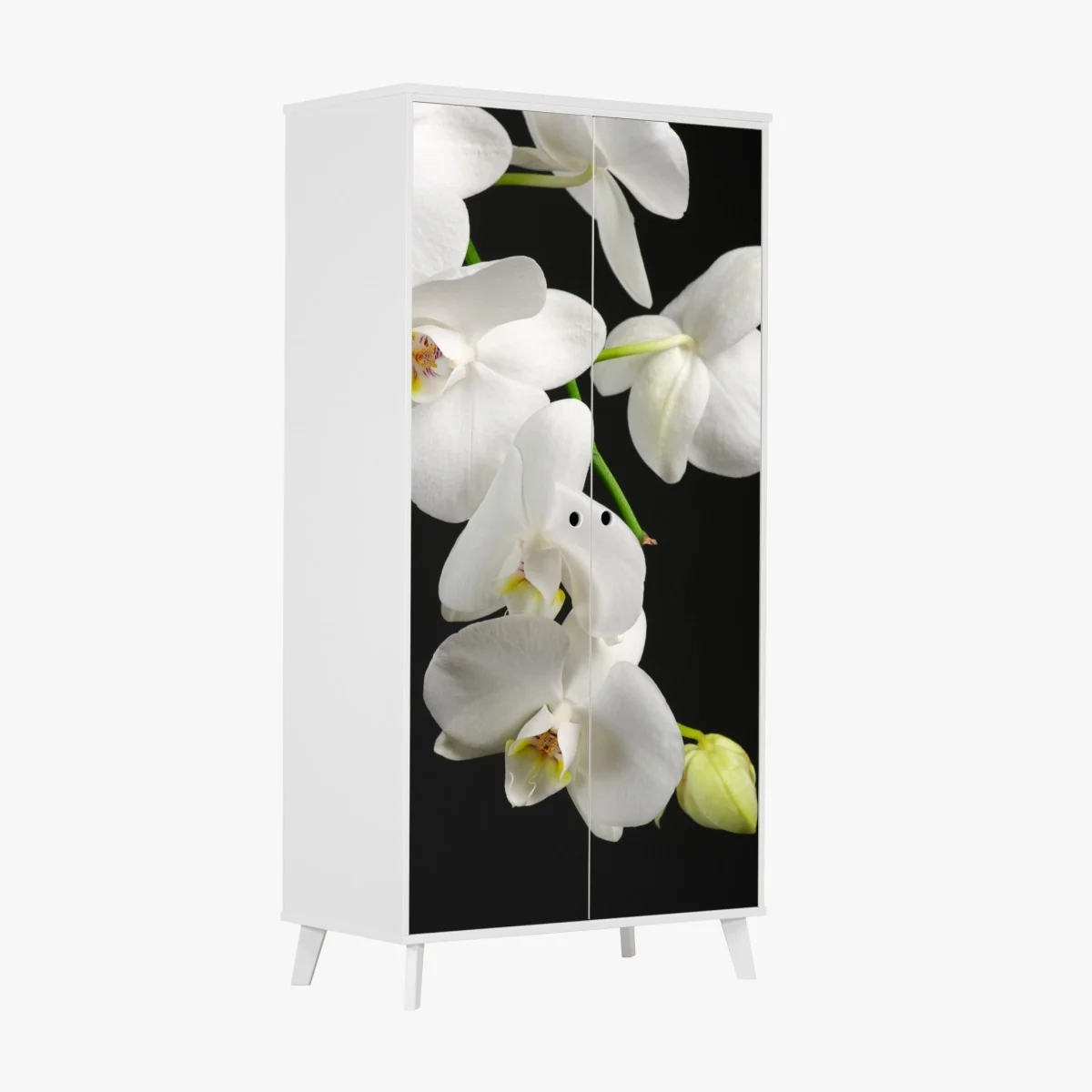 Naklejka na szafę biała gałązka orchidei na czarnym tle – Wallissimo® Naklejka na szafę biała gałązka orchidei na czarnym tle – Wallissimo®