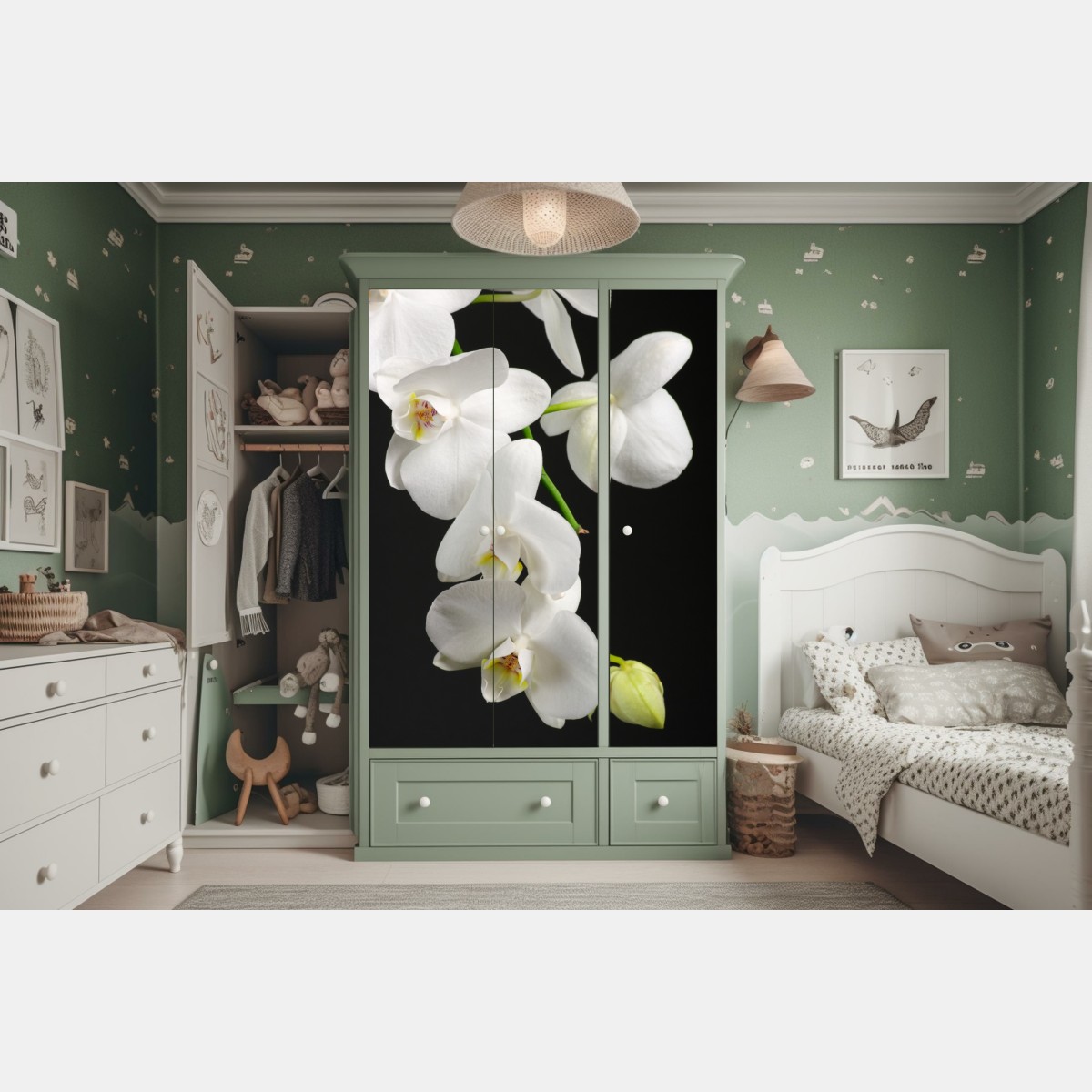 Naklejka na szafę biała gałązka orchidei na czarnym tle – Wallissimo® Naklejka na szafę biała gałązka orchidei na czarnym tle – Wallissimo®