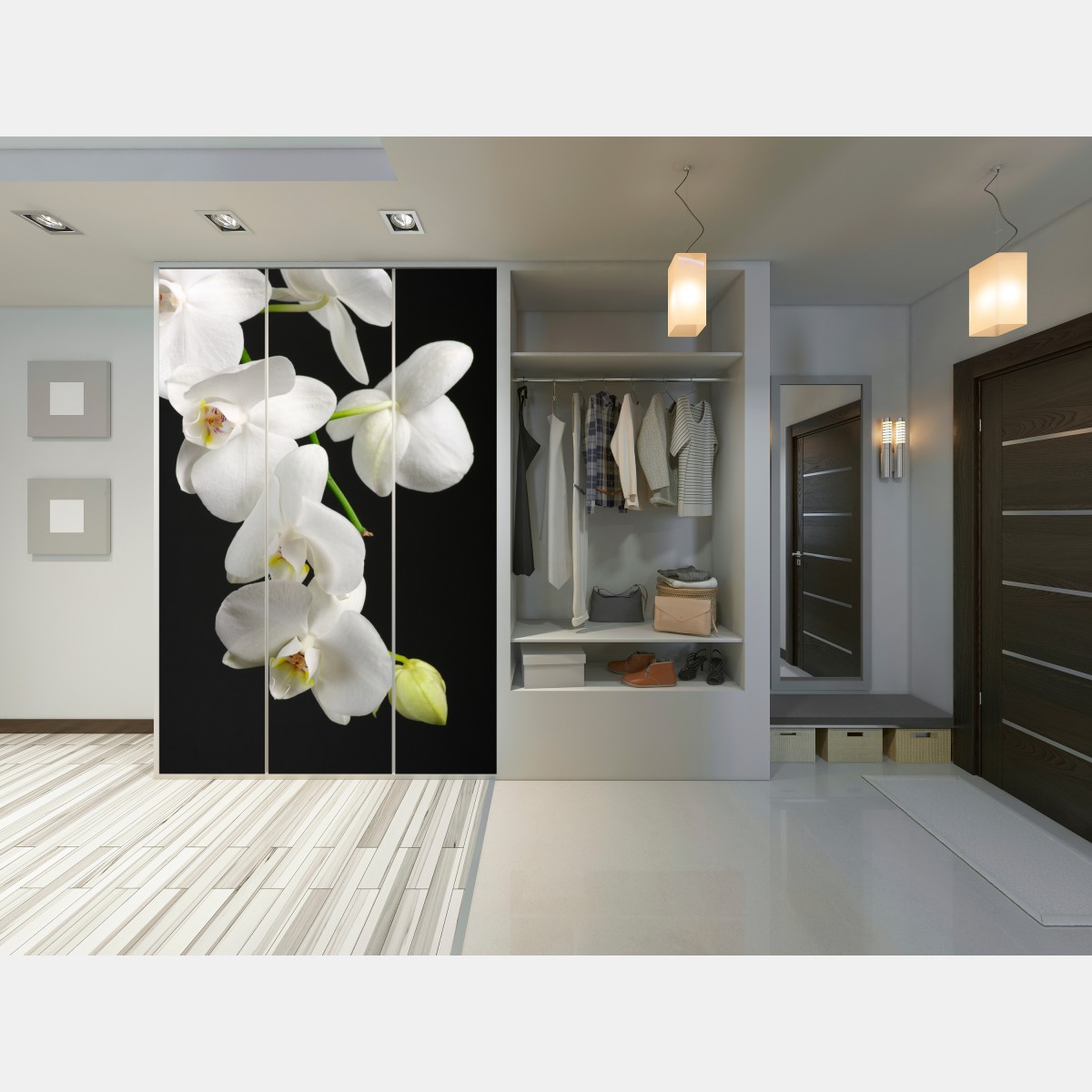 Naklejka na szafę biała gałązka orchidei na czarnym tle – Wallissimo® Naklejka na szafę biała gałązka orchidei na czarnym tle – Wallissimo®