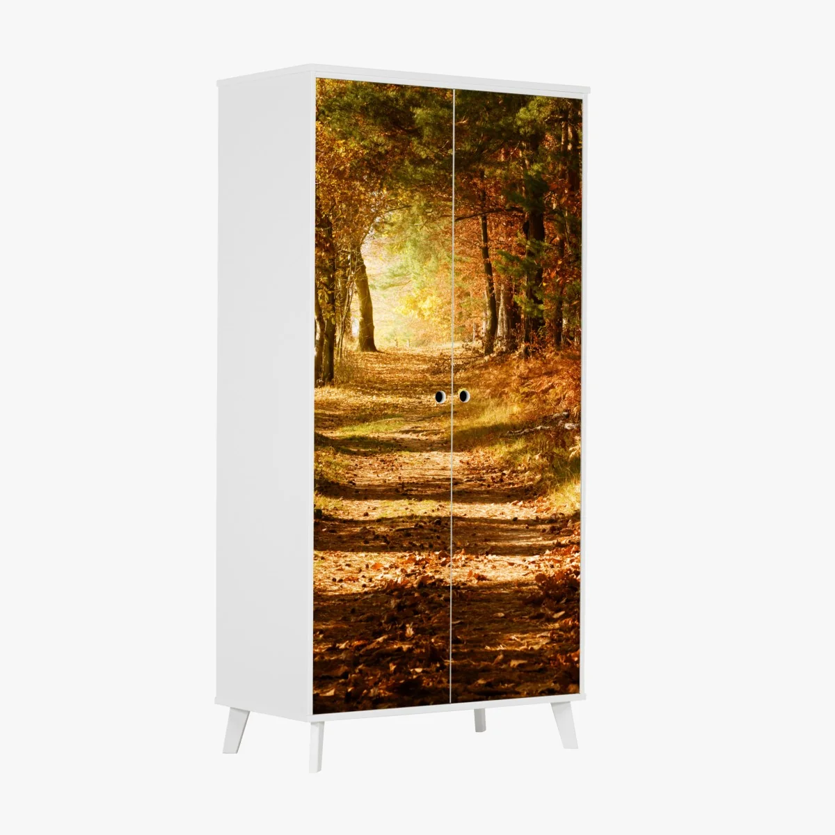 Naklejka na szafę jesienna leśna ścieżka ze złotym światłem – Wallissimo® Naklejka na szafę jesienna leśna ścieżka ze złotym światłem – Wallissimo®