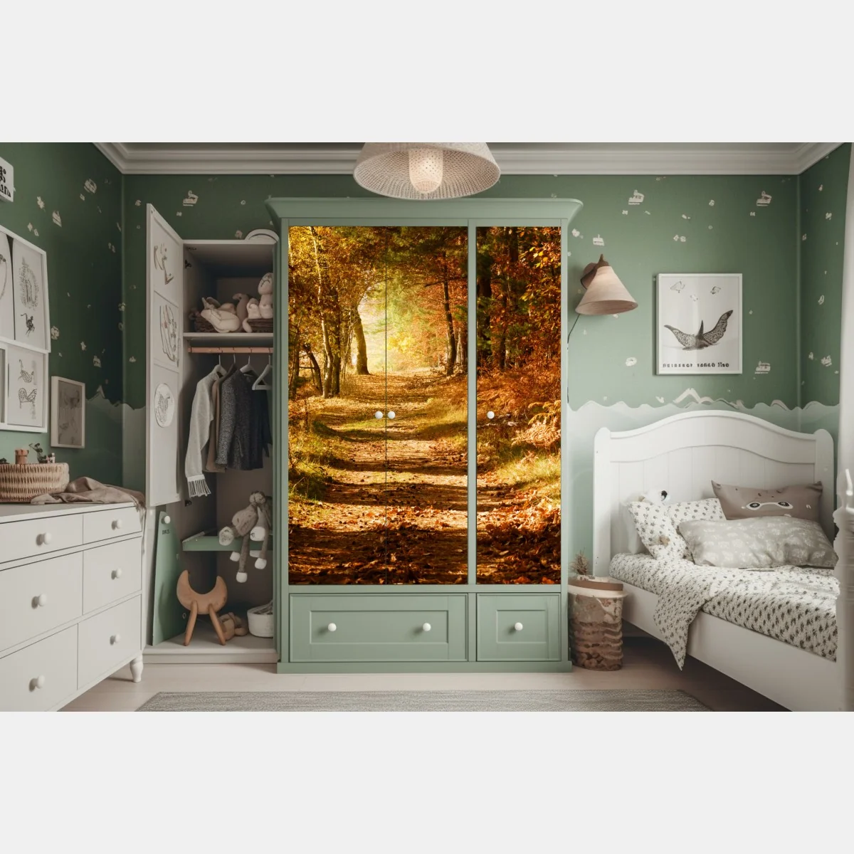 Naklejka na szafę jesienna leśna ścieżka ze złotym światłem – Wallissimo® Naklejka na szafę jesienna leśna ścieżka ze złotym światłem – Wallissimo®