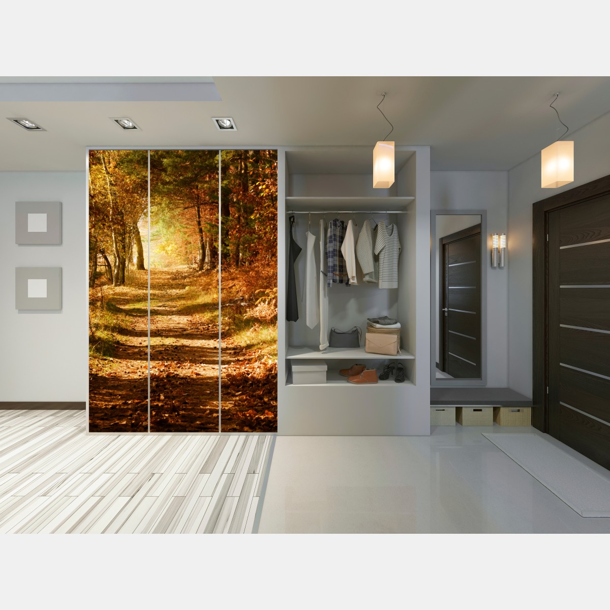Naklejka na szafę jesienna leśna ścieżka ze złotym światłem – Wallissimo® Naklejka na szafę jesienna leśna ścieżka ze złotym światłem – Wallissimo®