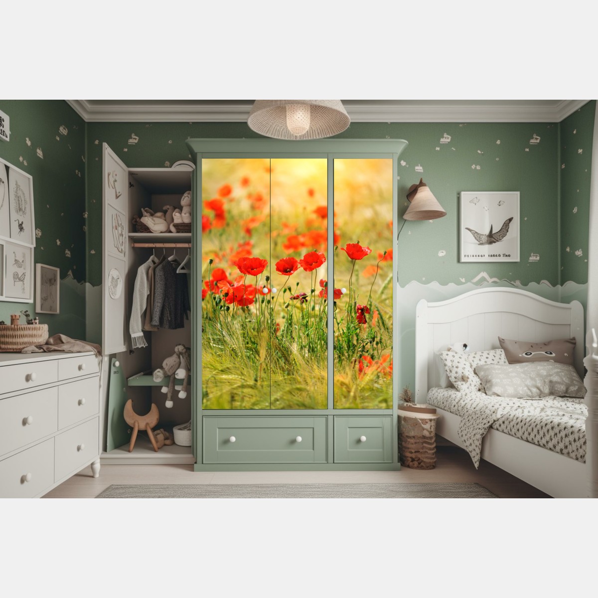 Naklejka na szafę łąka czerwonych maków w słońcu – Wallissimo® Naklejka na szafę łąka czerwonych maków w słońcu – Wallissimo®