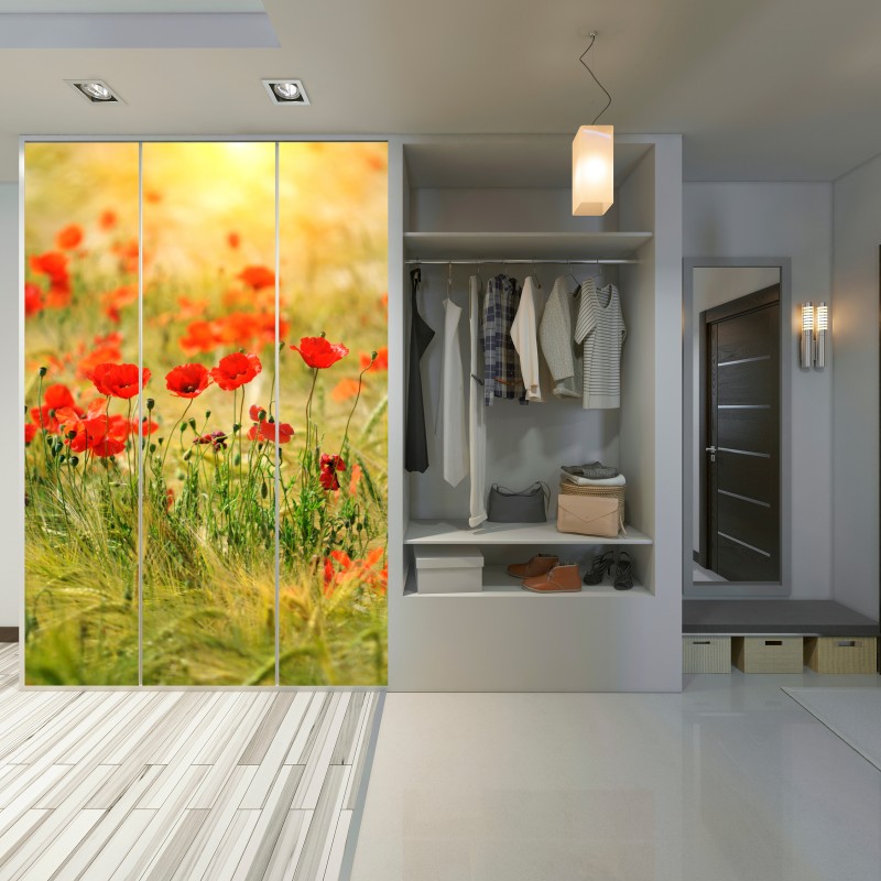 Naklejka na szafę łąka czerwonych maków w słońcu – Wallissimo® Naklejka na szafę łąka czerwonych maków w słońcu – Wallissimo®